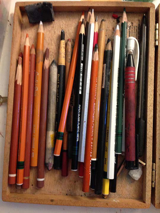 Various types of pencils: graphite, charcoal, conte, marks it all, etc. 