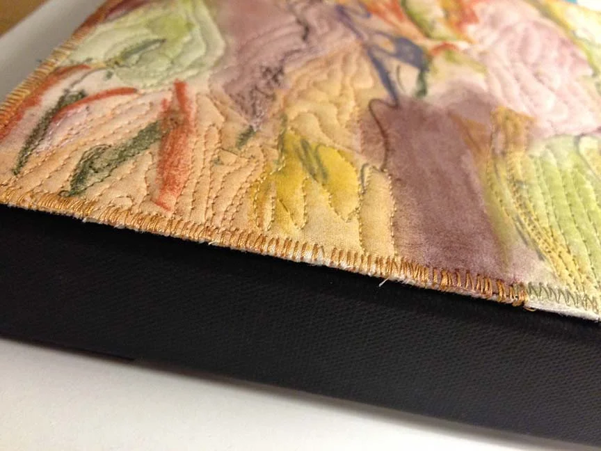 At the Marsh detail Earth pigments, clay, ochres, charcoal, conte, and Aurifil thread, on cotton fabric. Machine stitched.