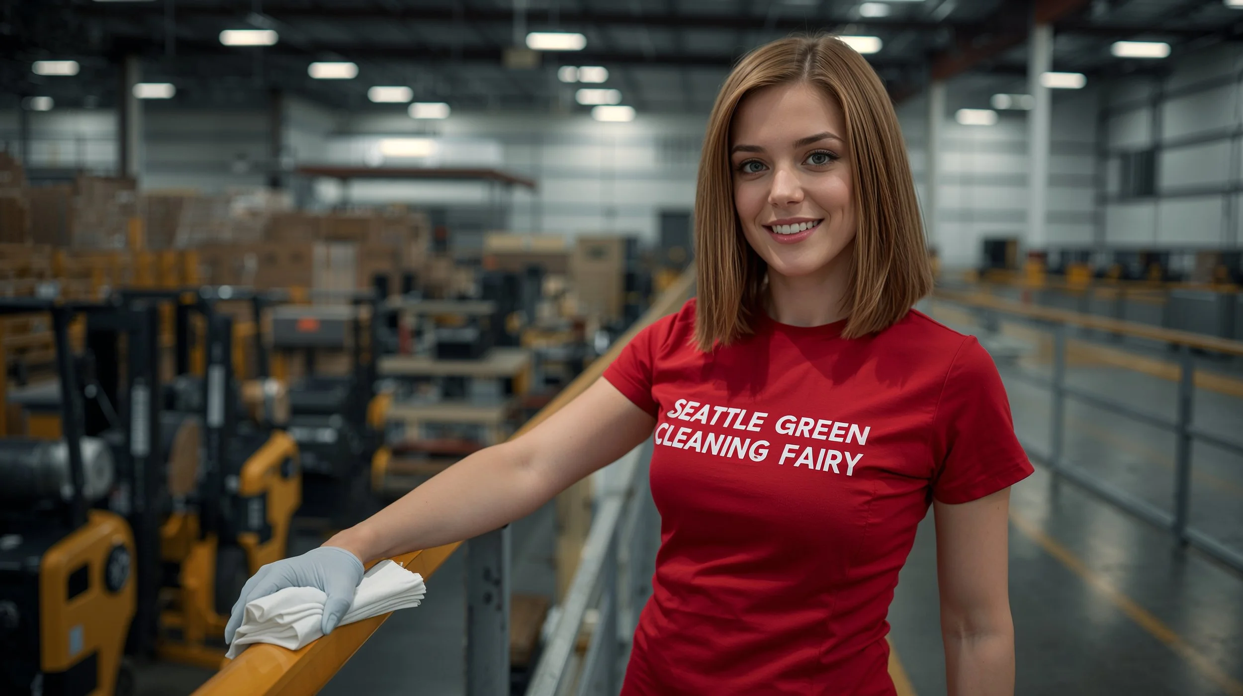 Female warehouse cleaner polishing safety railings in Seattle distribution center.