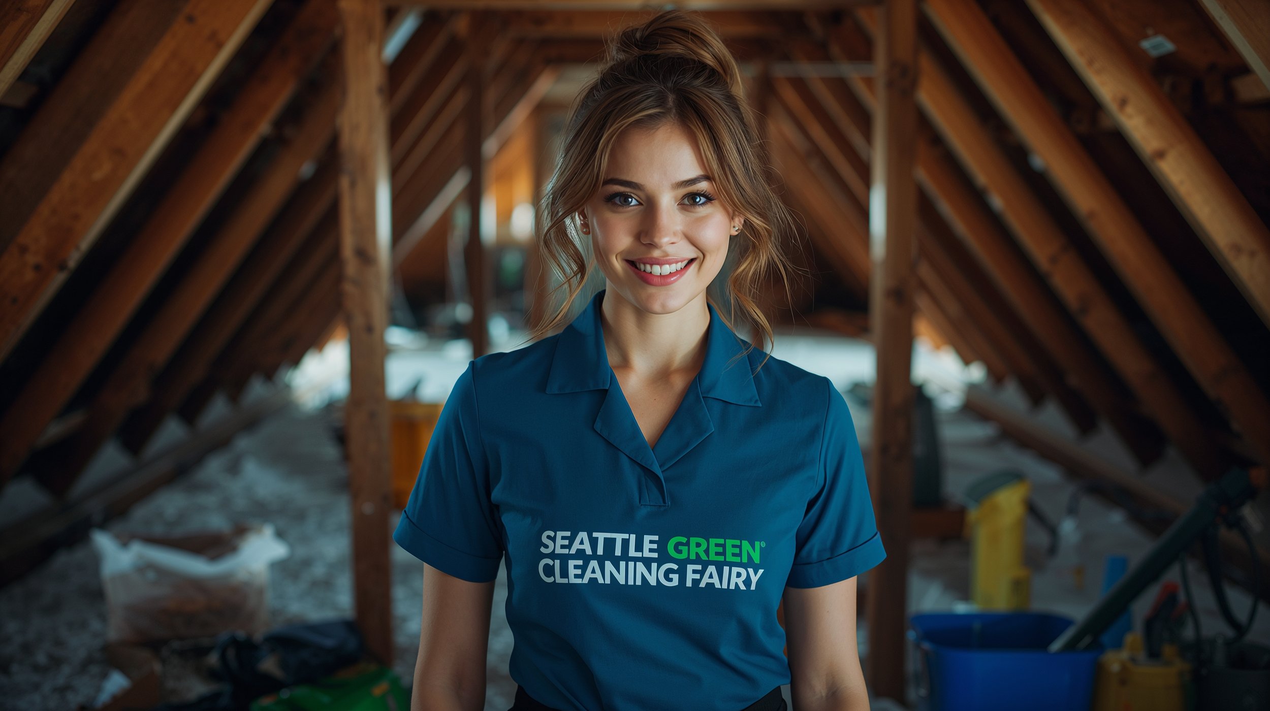 Uniformed attic cleaning technician in Seattle presenting professional service inside a residential attic.