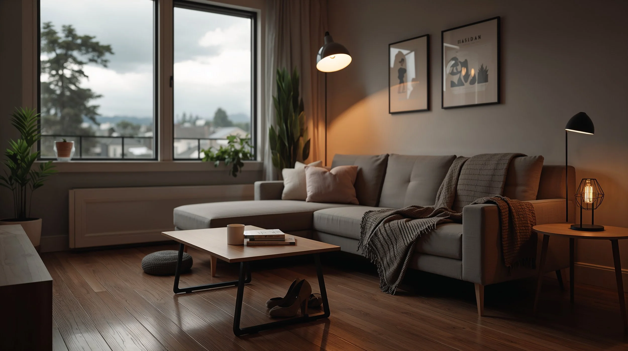 Clean and cozy Seattle living room with soft lighting and organized space after professional house cleaning service