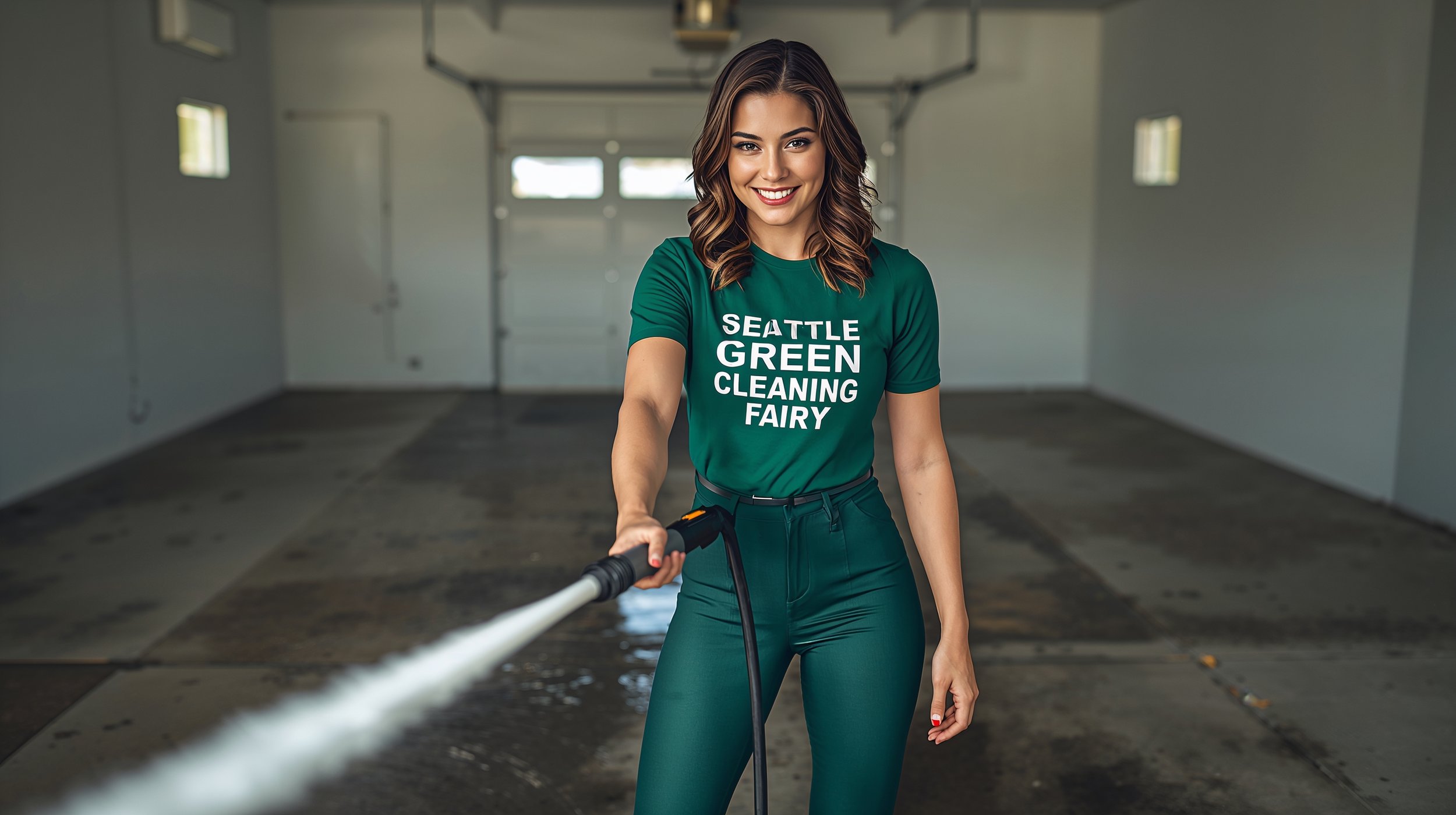 Seattle pressure cleaning professional washing concrete garage floor with high-pressure equipment.