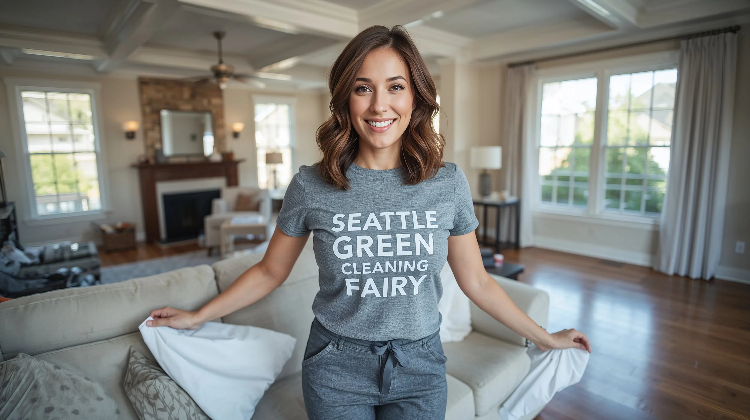 Professional cleaner arranging sofa cushions in bright Seattle craftsman living room.