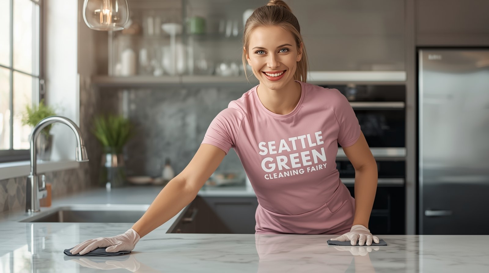 Joyful young Swedish cleaner in pink uniform wiping kitchen counter in freshly cleaned Columbia City home, Seattle WA, with Seattle Green Cleaning Fairy logo visible