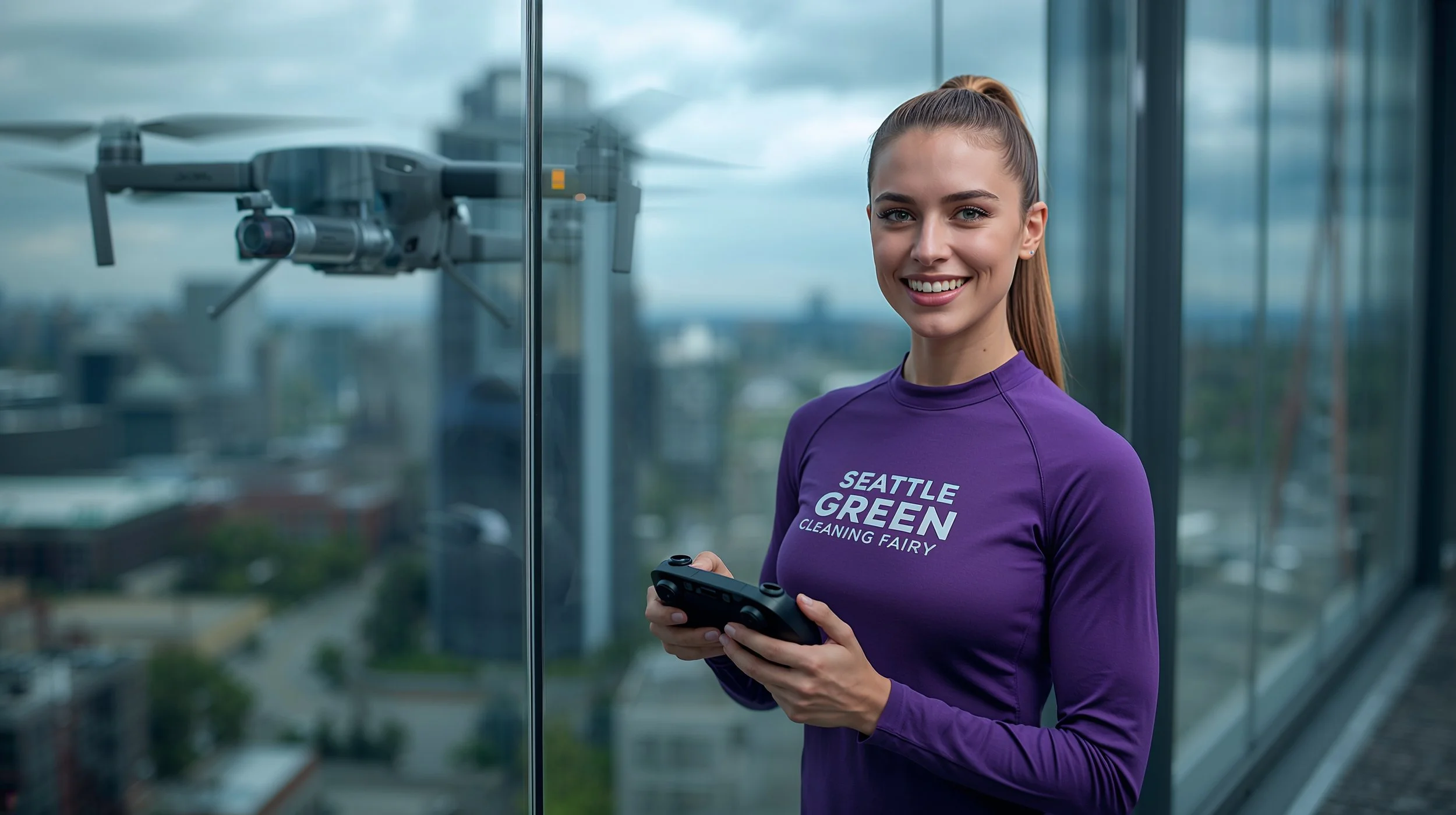 Close-up drone cleaning exterior glass in Seattle