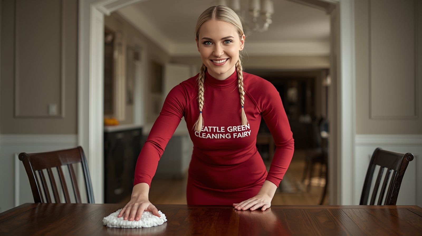 Seattle Green Cleaning Fairy polishing a dining table in Maple Leaf Seattle