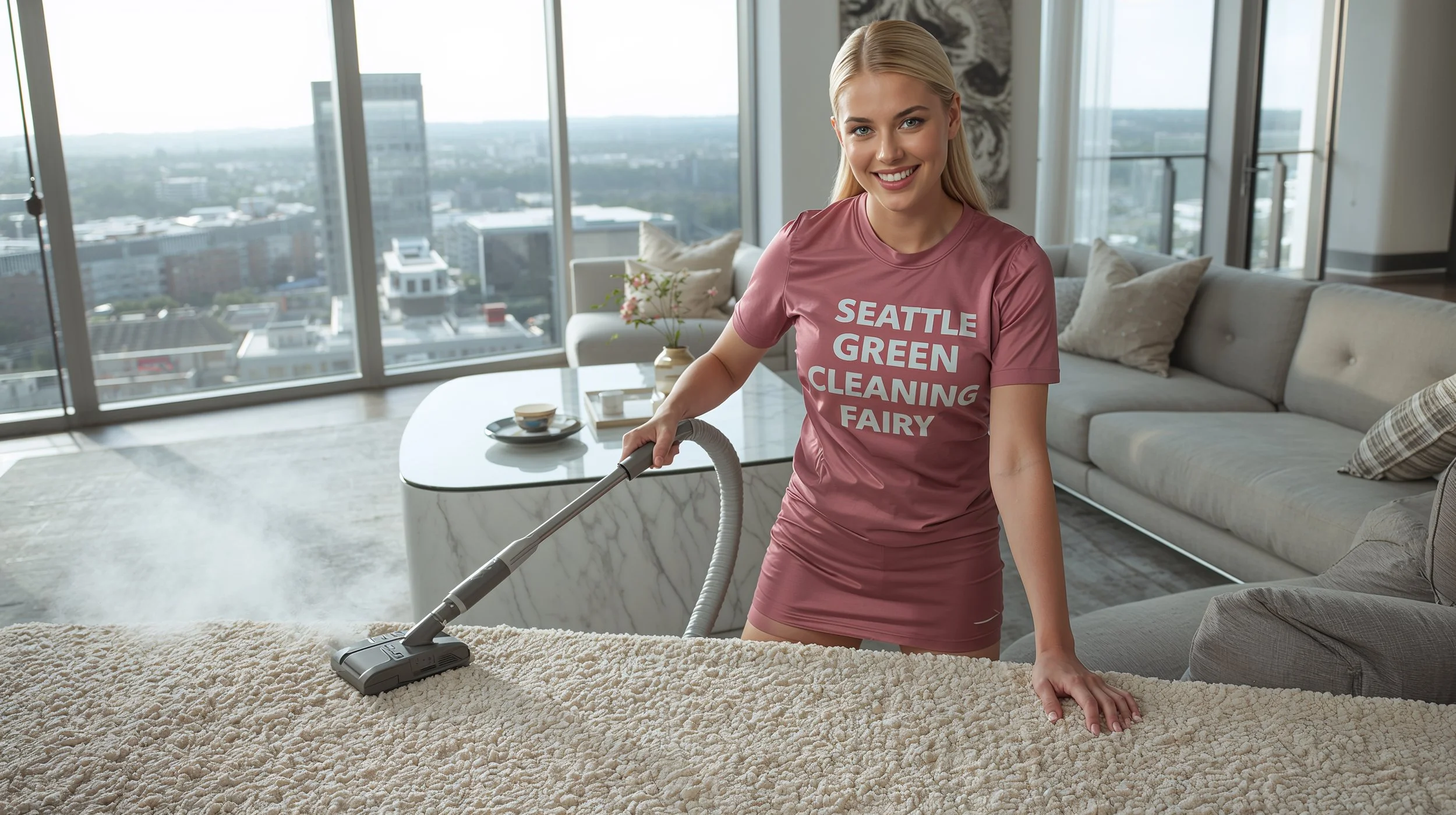 Professional rug cleaning technician in pink uniform performing steam extraction in a luxury Seattle high-rise living room.