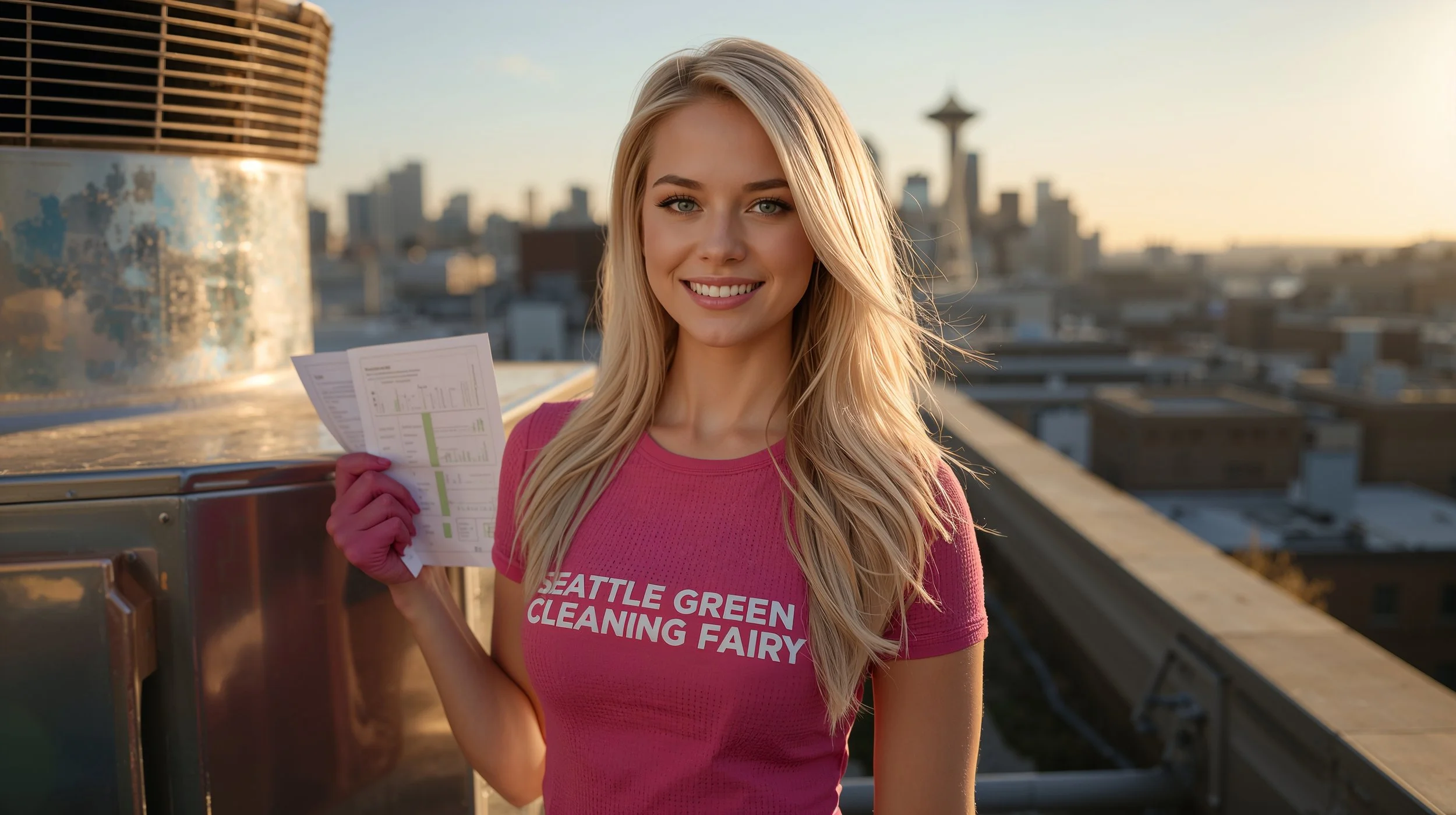 Rooftop HVAC cleaning professional explaining cost in Seattle skyline setting.