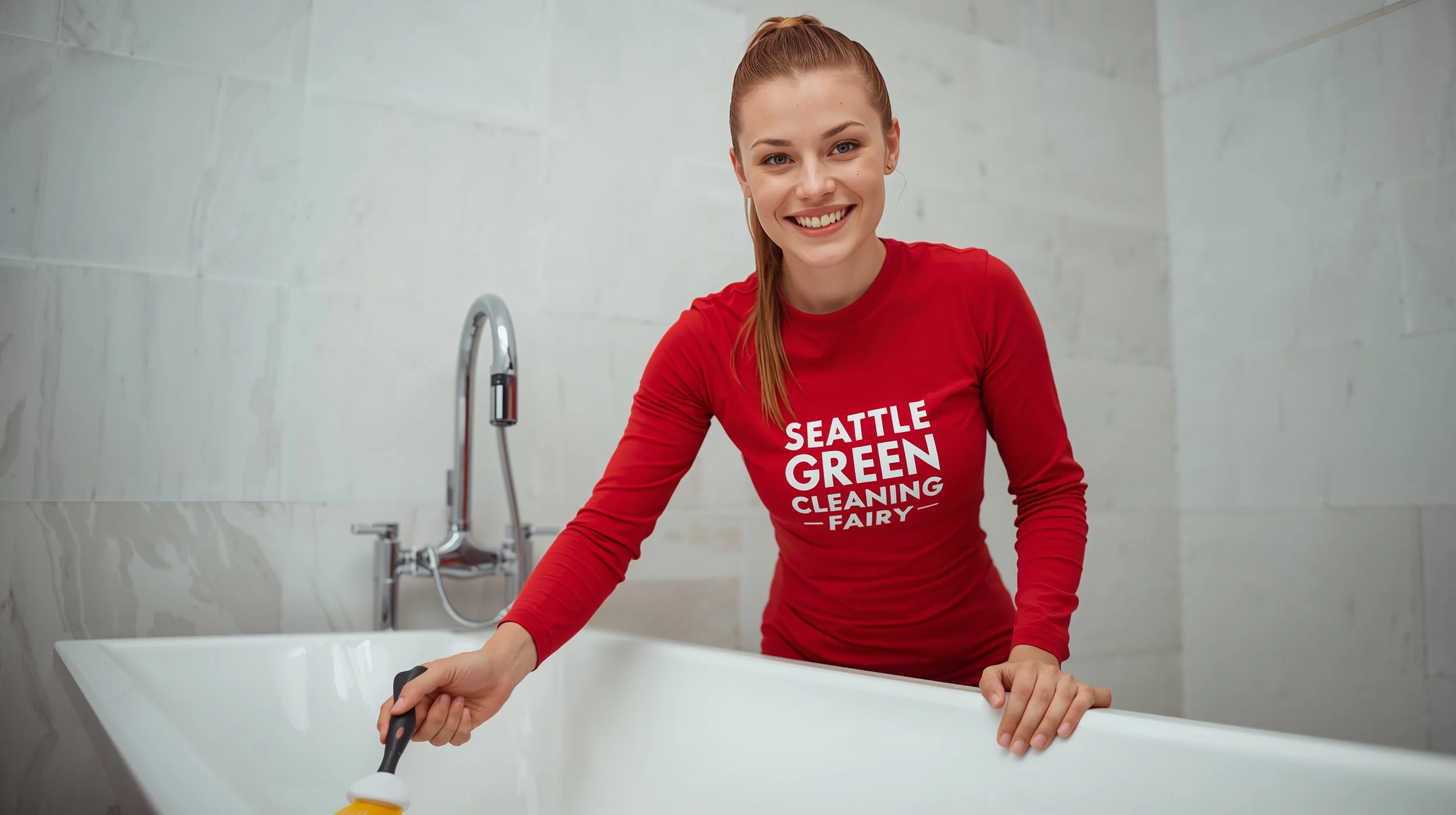 echnician scrubbing tile grout during post construction bathroom cleaning in Seattle.