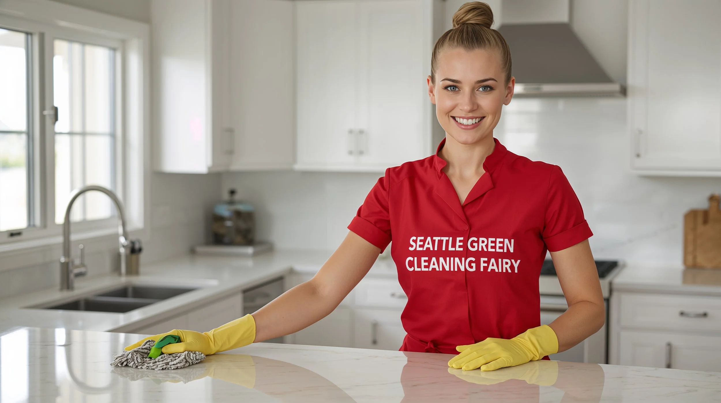 Seattle Green Cleaning Fairy cleaning kitchen counters in a Bainbridge Island home