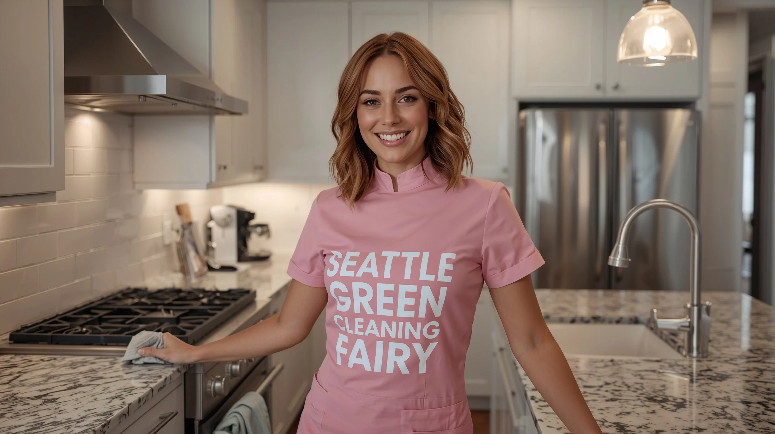 Smiling house cleaner polishing stainless steel appliances in a modern Bellevue kitchen.