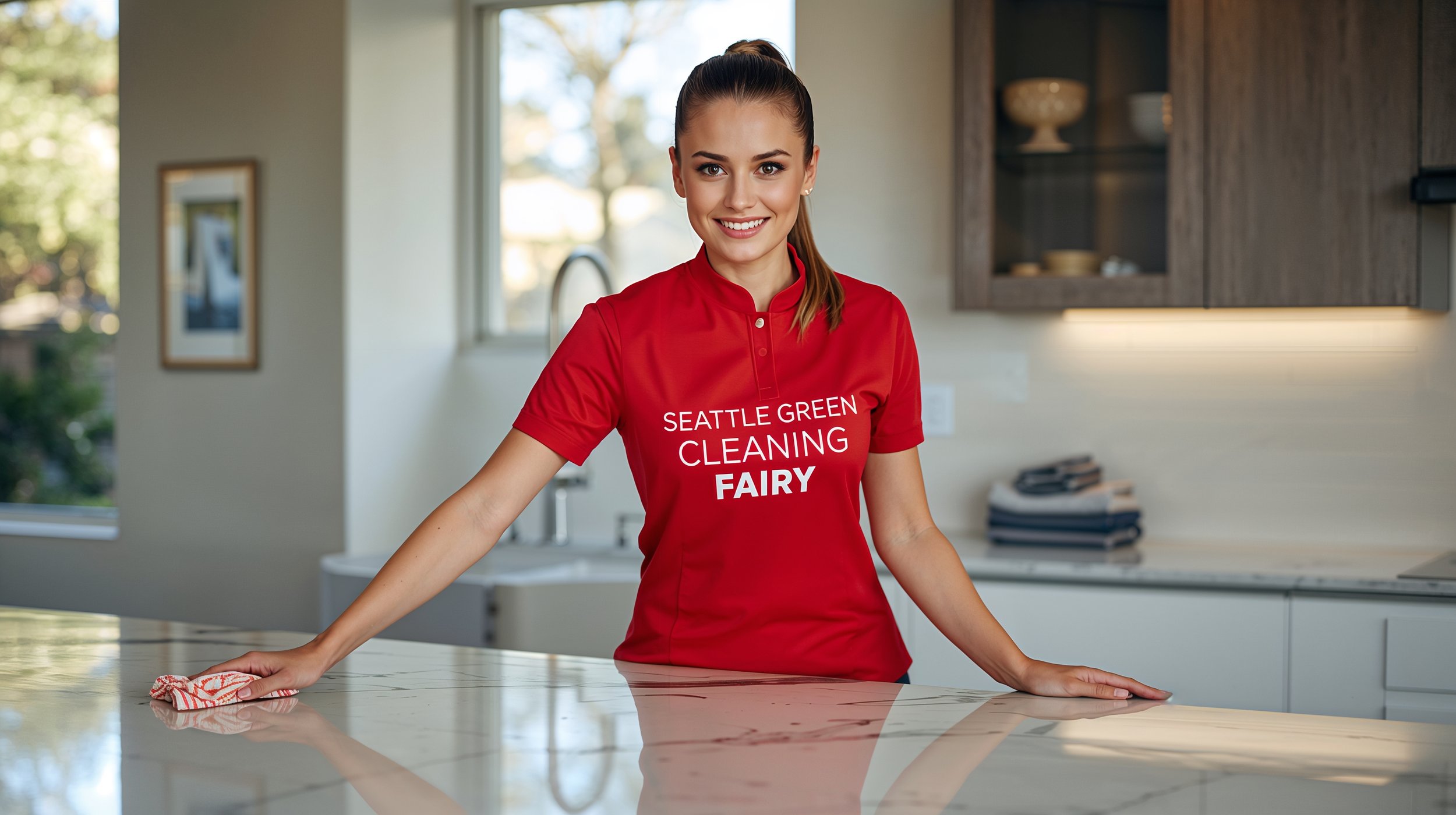 Cleaner in red uniform wiping kitchen counters in Issaquah WA with Seattle Green Cleaning Fairy branding visible