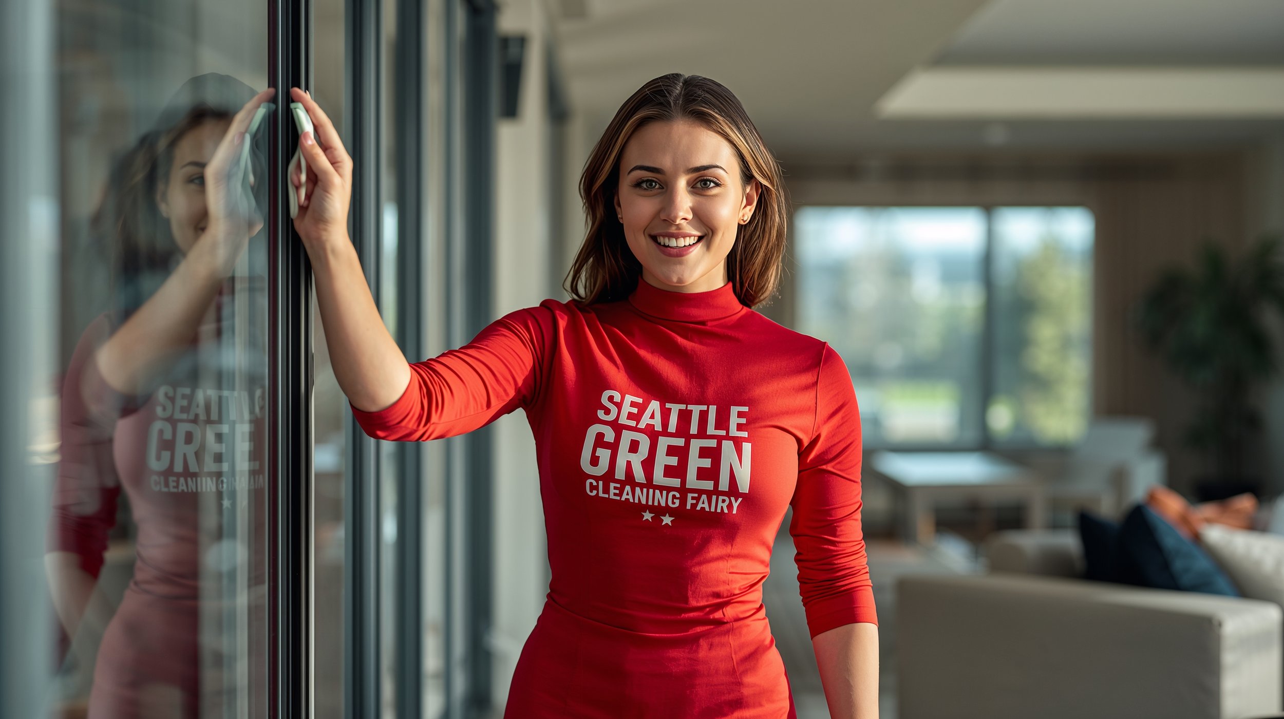 Professional house cleaning service in Blue Ridge Seattle with cleaner polishing large windows indoors