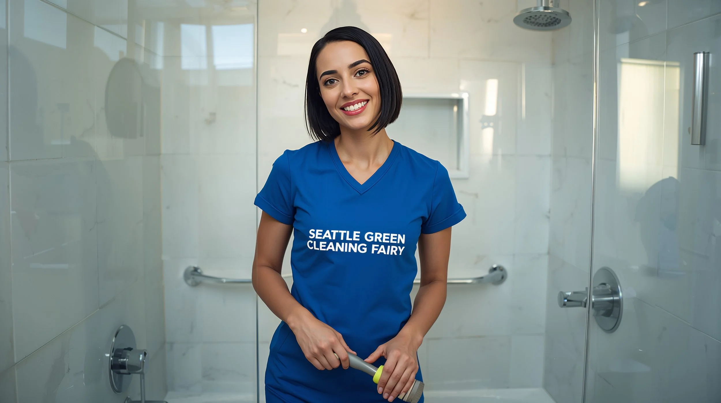 Professional cleaner scrubbing bathroom tiles during Seattle spring deep cleaning service