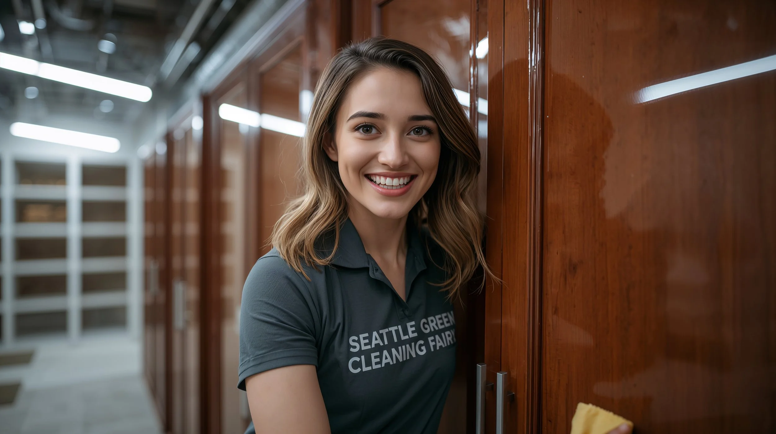 Professional cleaner wiping basement cabinets in Bellevue while wearing Seattle Green Cleaning Fairy uniform