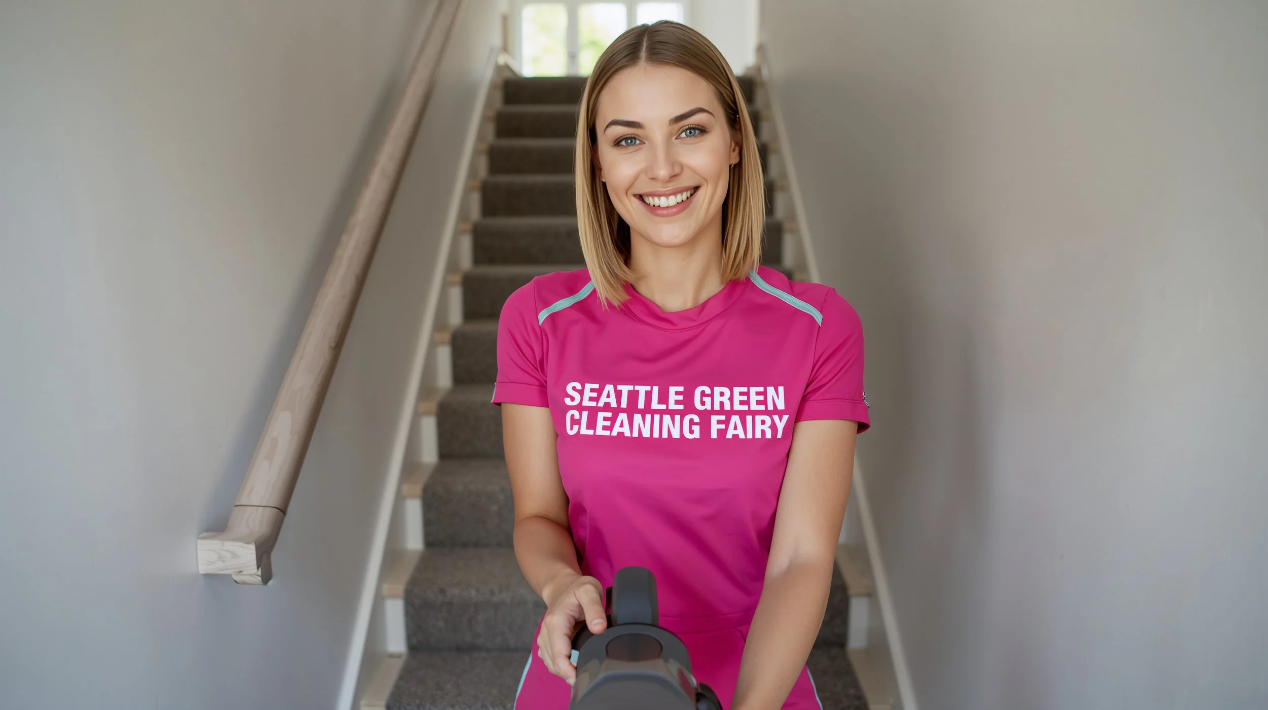 Seattle Green Cleaning Fairy vacuuming stair runner in Woodinville Washington home