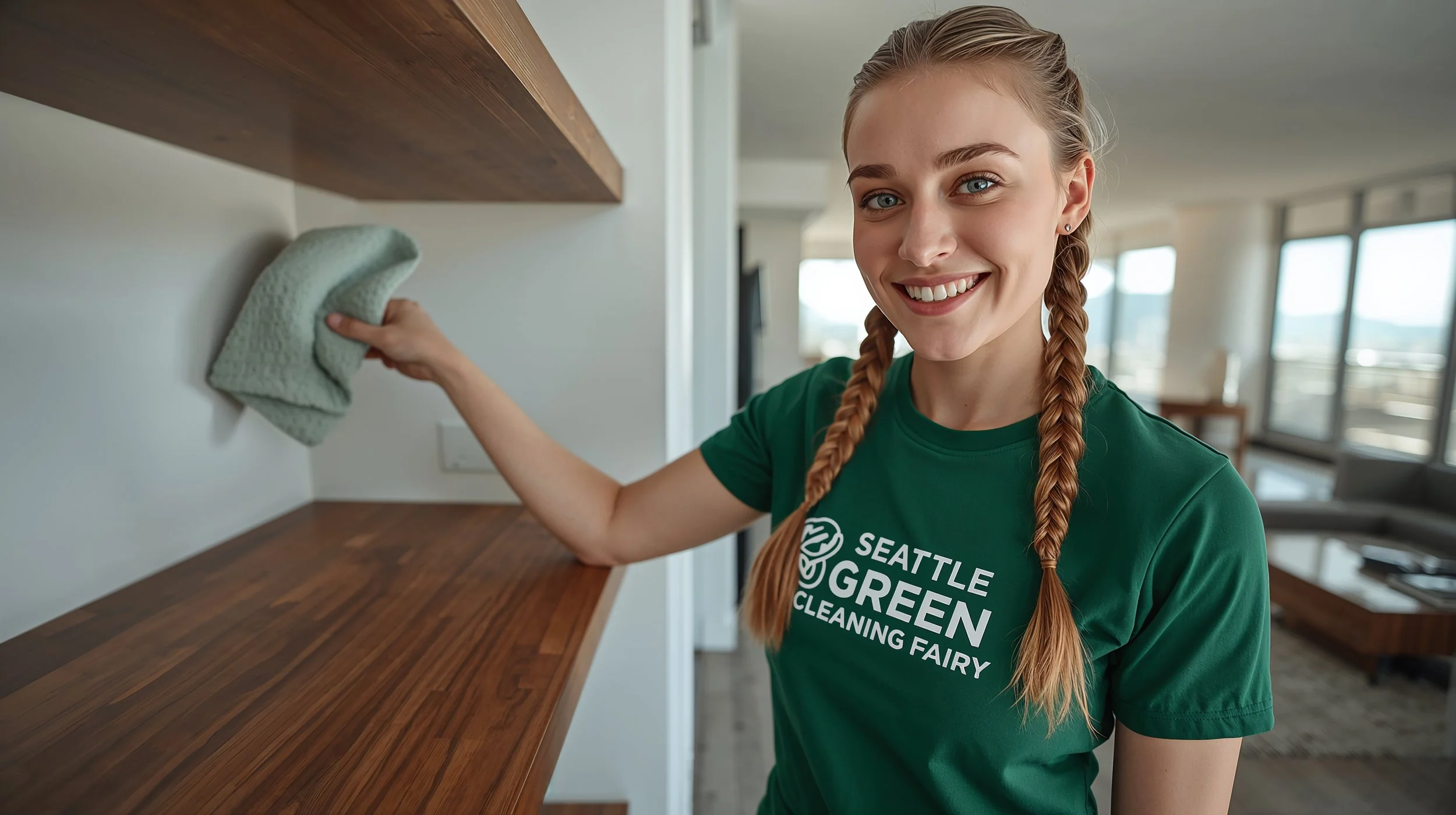 Smiling cleaner dusting modern shelves inside a Seattle condo during weekly cleaning appointment.