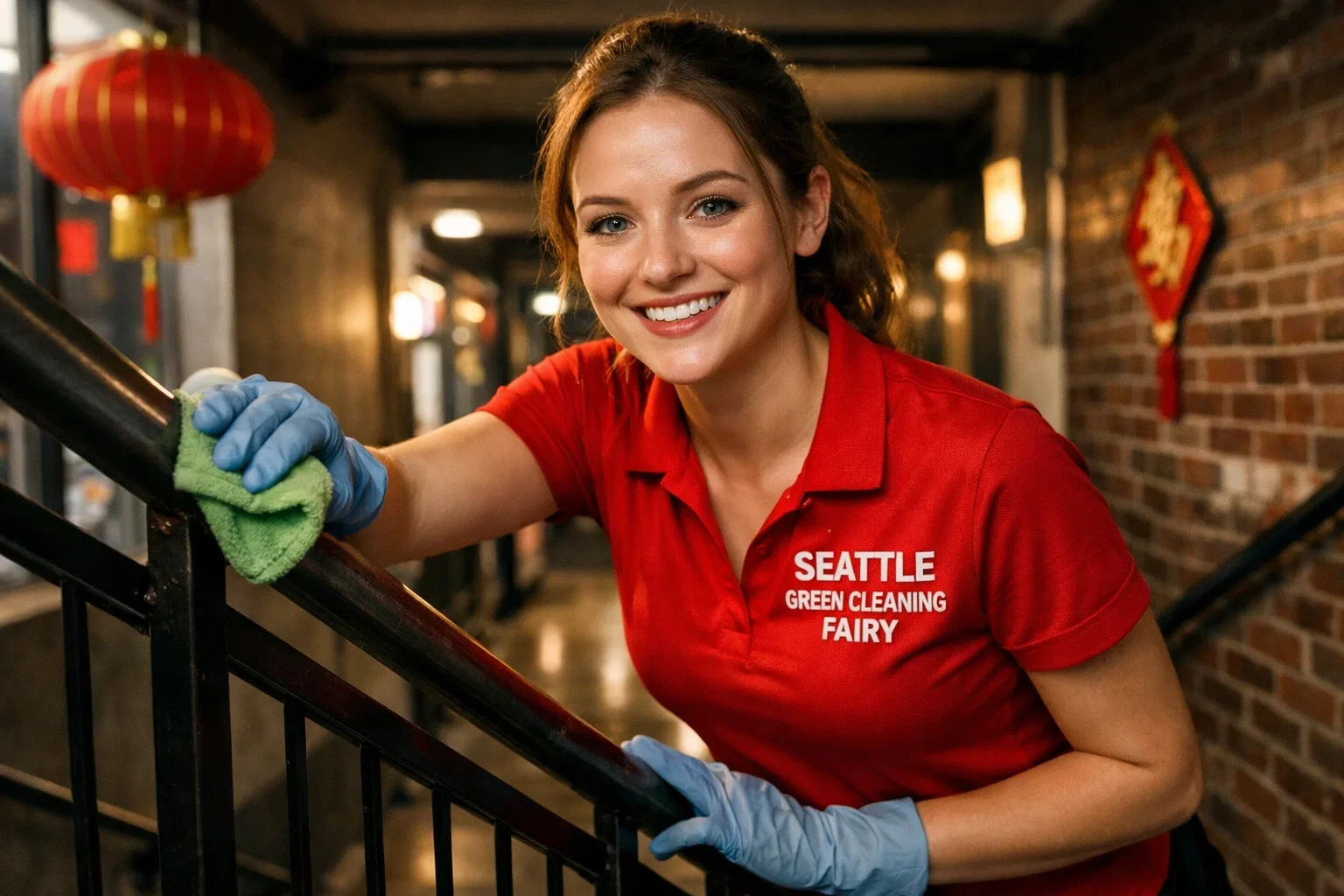 Seattle Green Cleaning Fairy cleaning stair railings in Chinatown International District Seattle