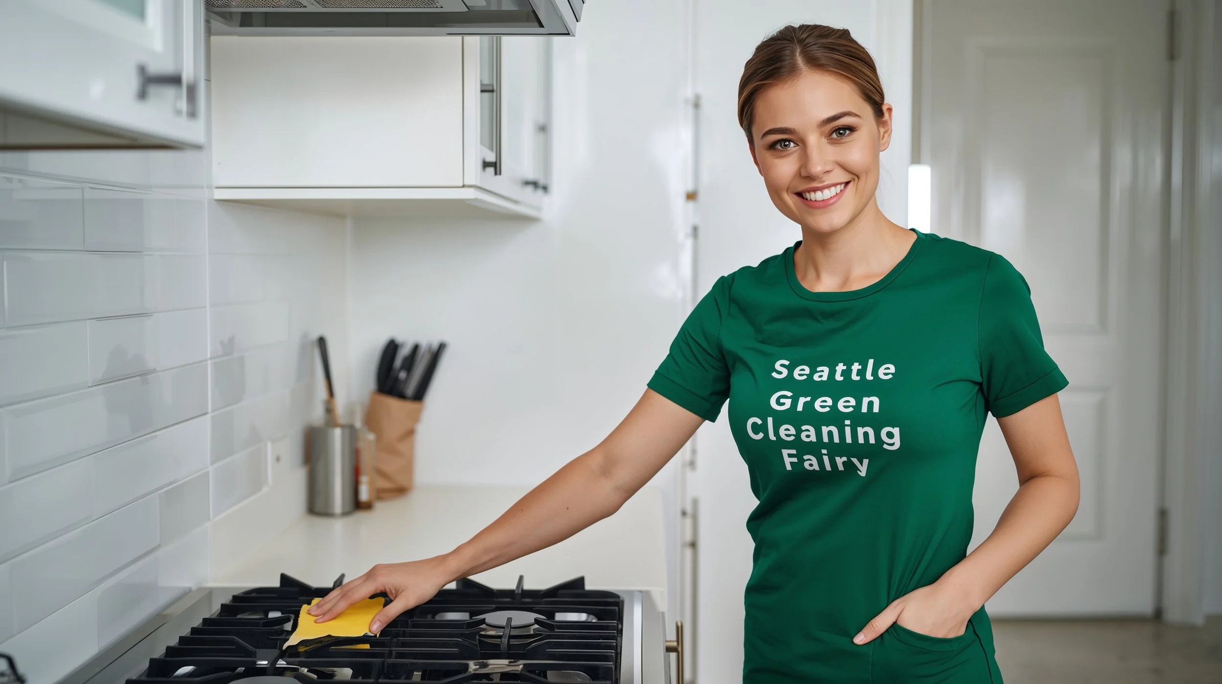 Seattle Green Cleaning Fairy cleaner scrubbing stove top in a Burien Washington kitchen