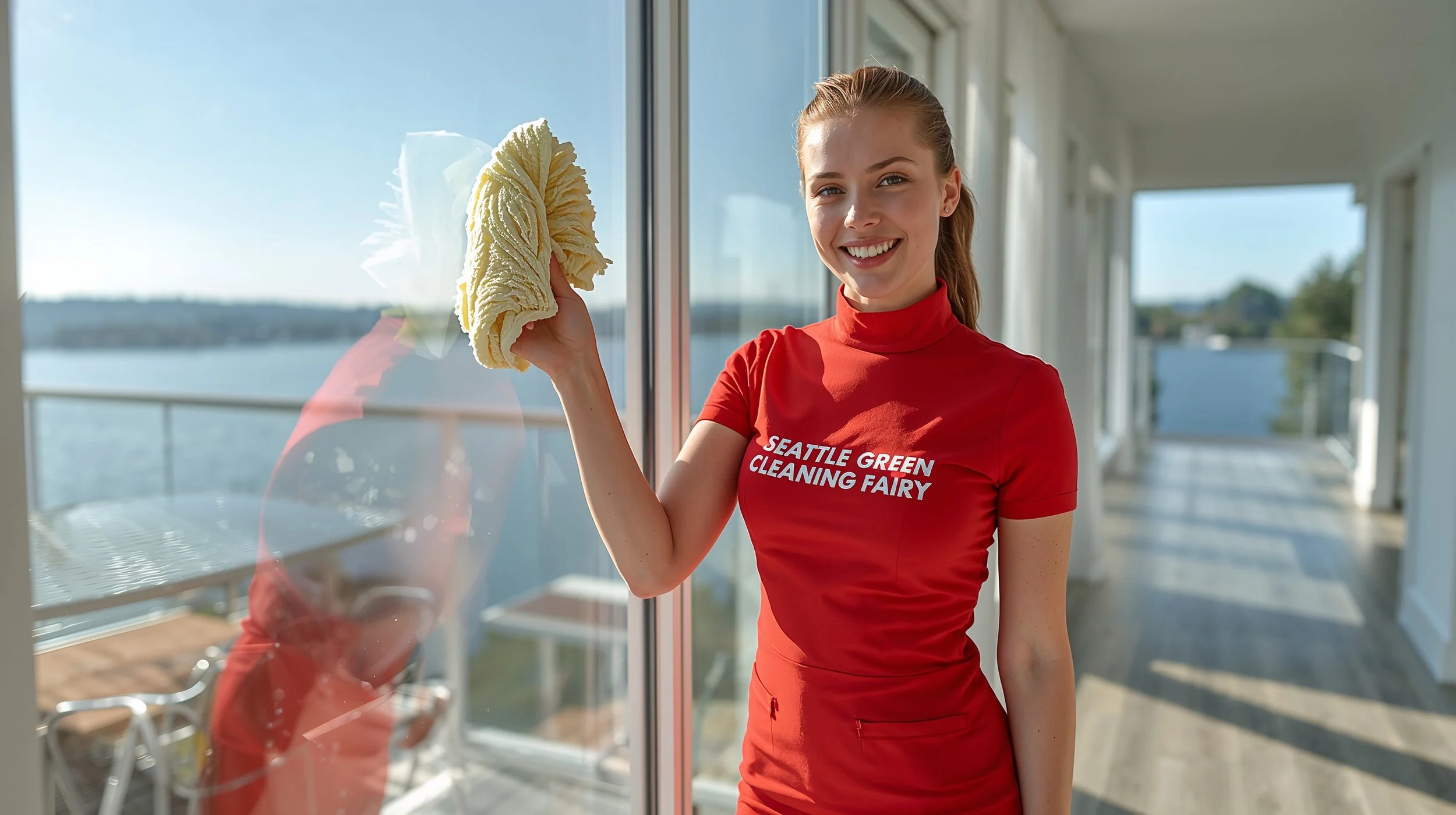 Happy young Irish cleaning specialist from Seattle Green Cleaning Fairy providing streak-free window cleaning with Lake Washington view in Windermere home