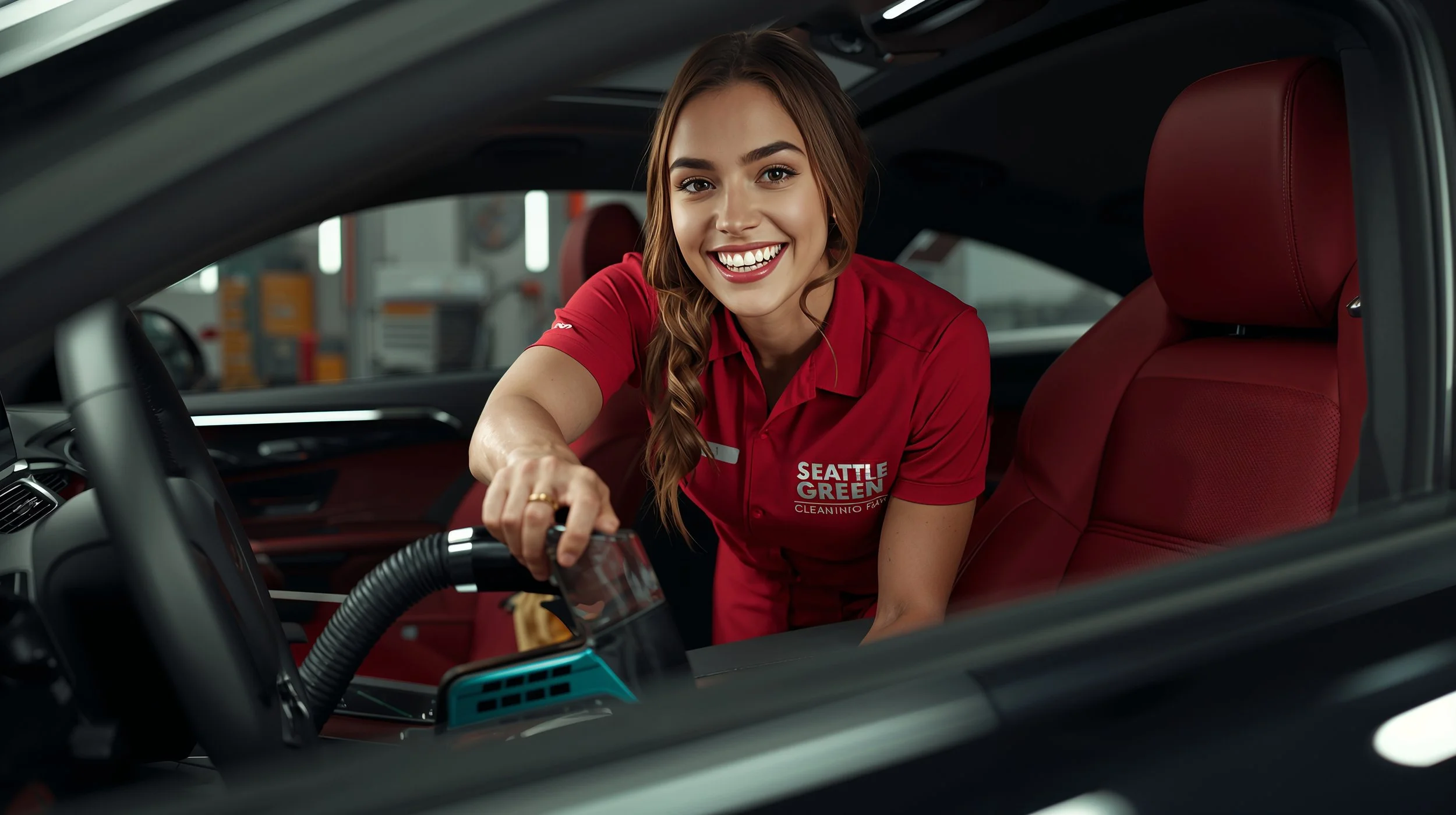 Interior car detailing service in Seattle with professional cleaner working inside a luxury vehicle