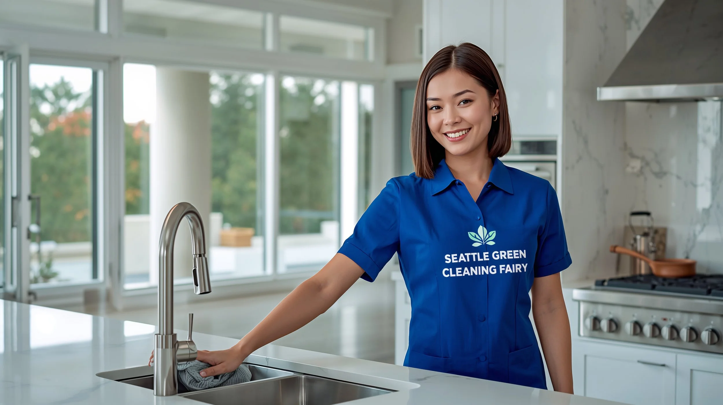 Young Asian house cleaner polishing stainless steel appliances in a modern Bellevue kitchen while wearing a blue SEATTLE GREEN CLEANING FAIRY uniform.