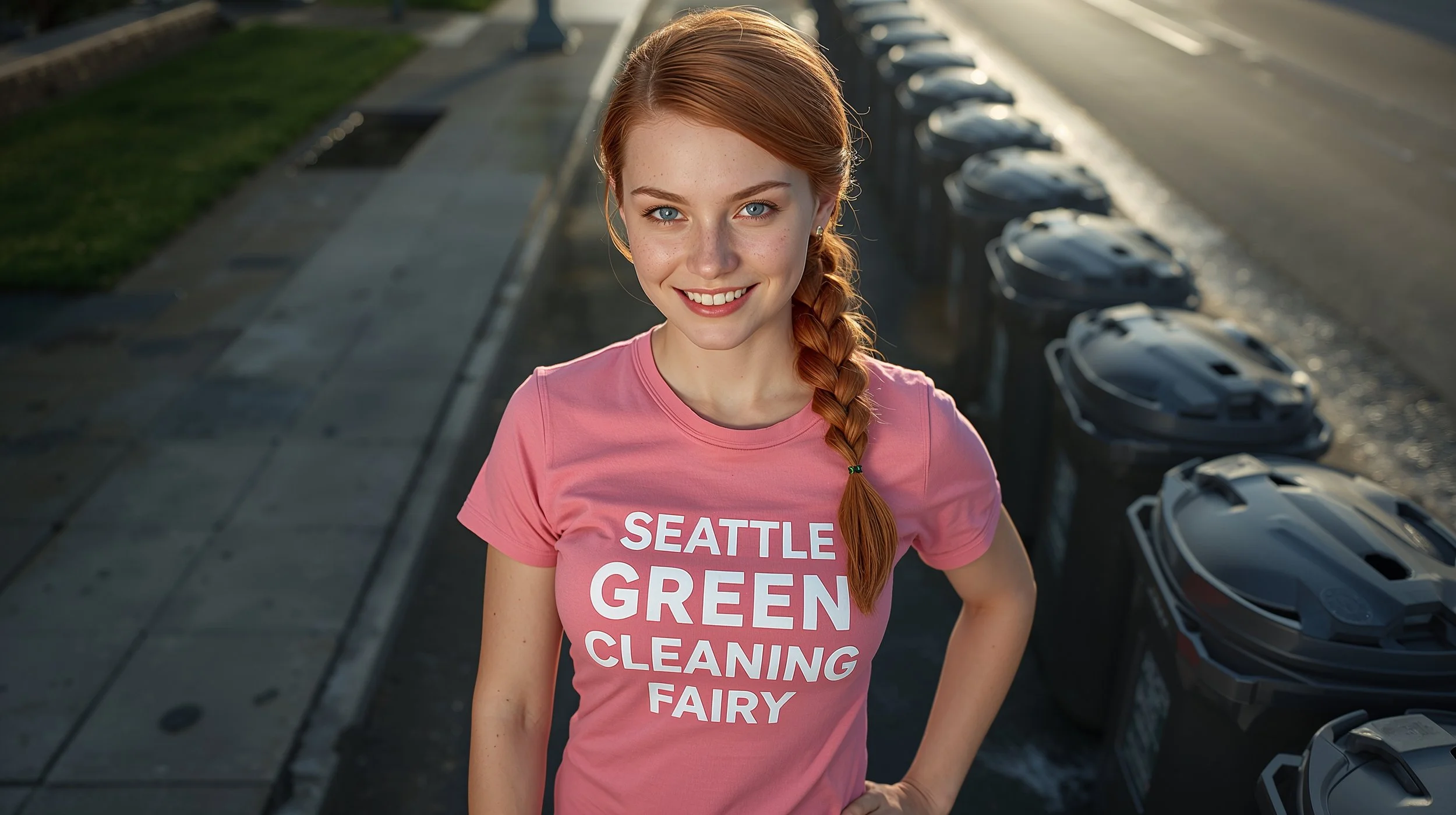 Freckled red-haired technician standing beside freshly washed curbside trash bins in Seattle.