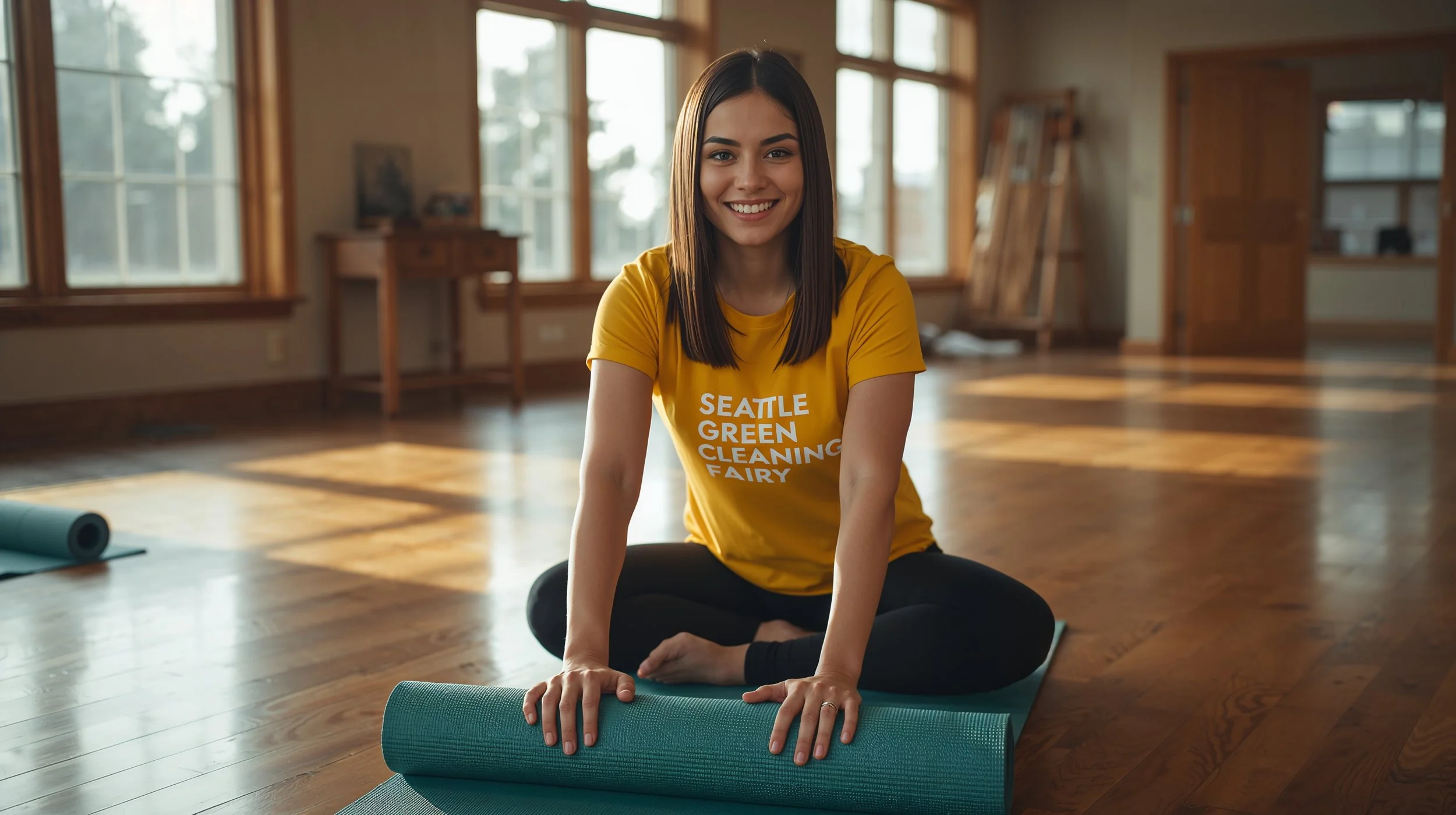 Professional cleaning of yoga mats in a Seattle fitness studio