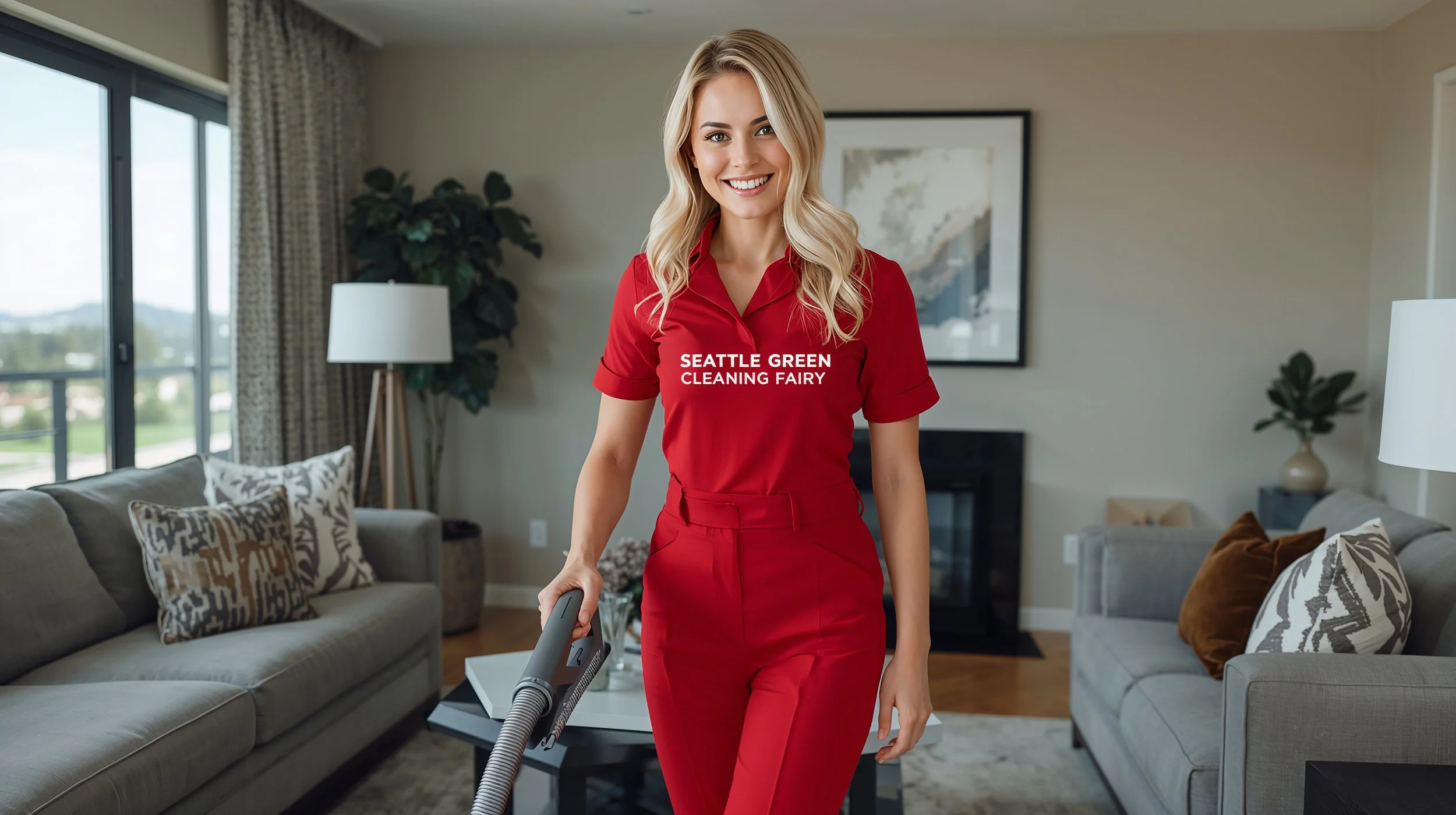 Happy female house cleaner in red uniform cleaning luxury living room in Interbay Seattle