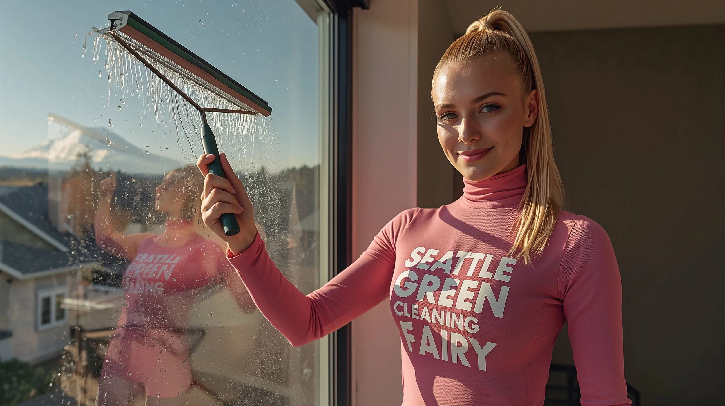 Young professional window cleaner in pink uniform on ladder polishing tall Seattle home windows with mountain backdrop