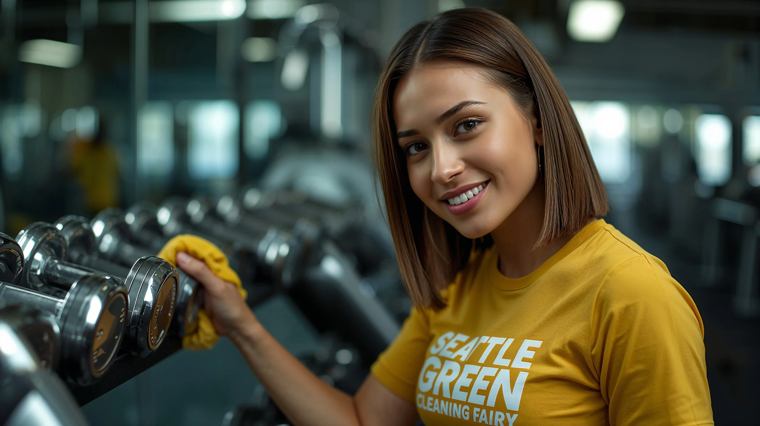 Female cleaner polishing dumbbells at a Seattle gym facility with visible company branding