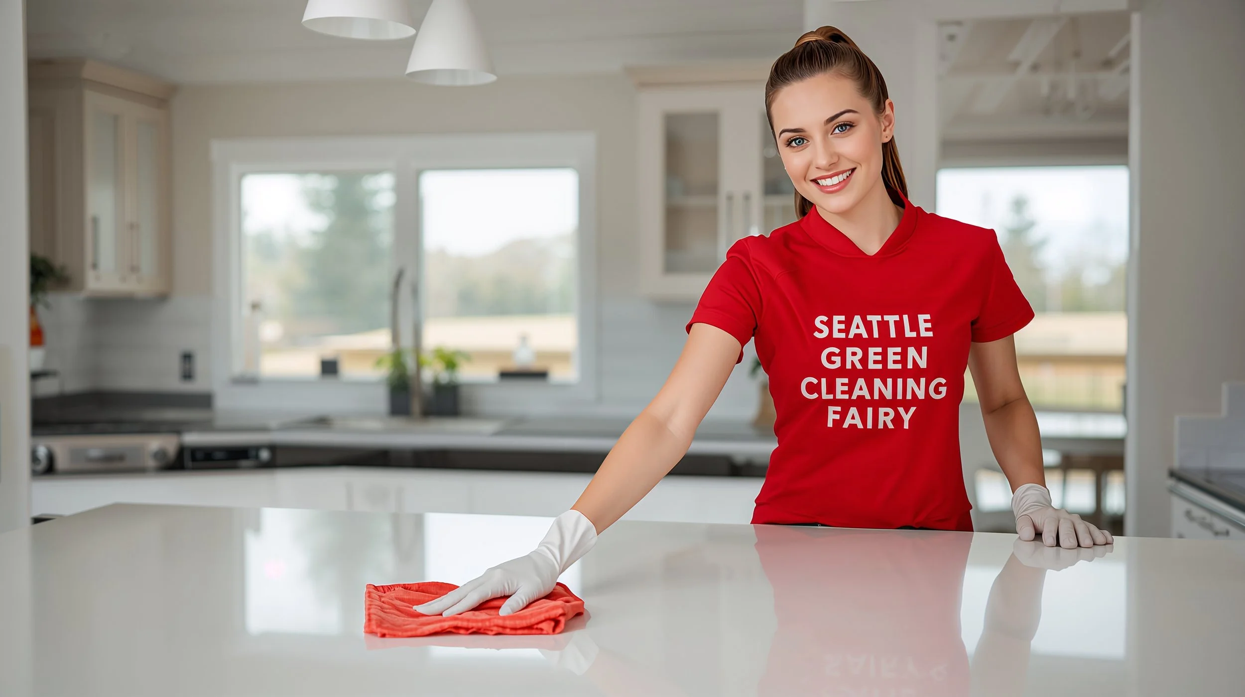 Seattle Green Cleaning Fairy cleaning kitchen island in Sammamish Washington home