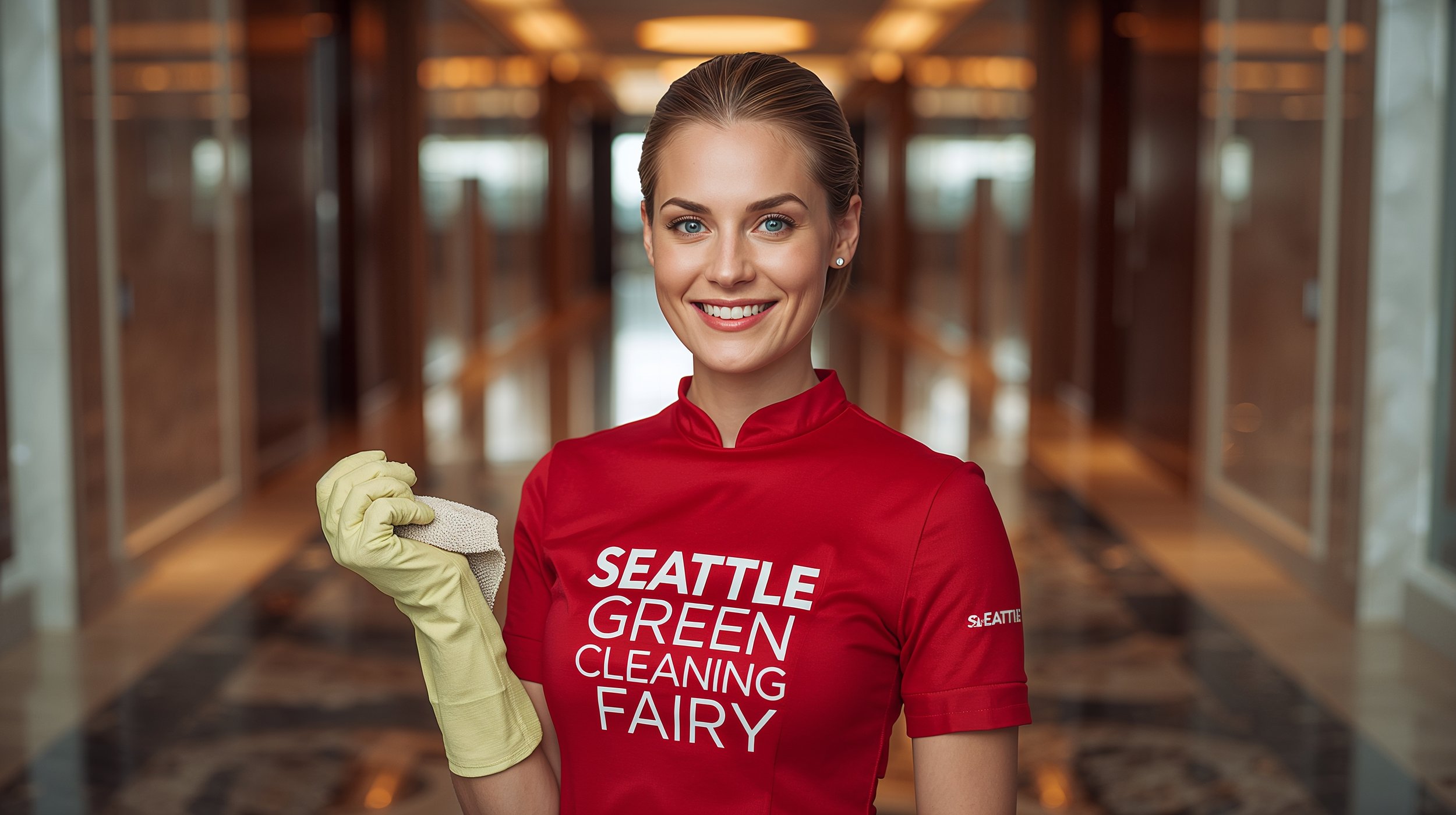 Professional corporate cleaner presenting a polished executive lobby in Seattle