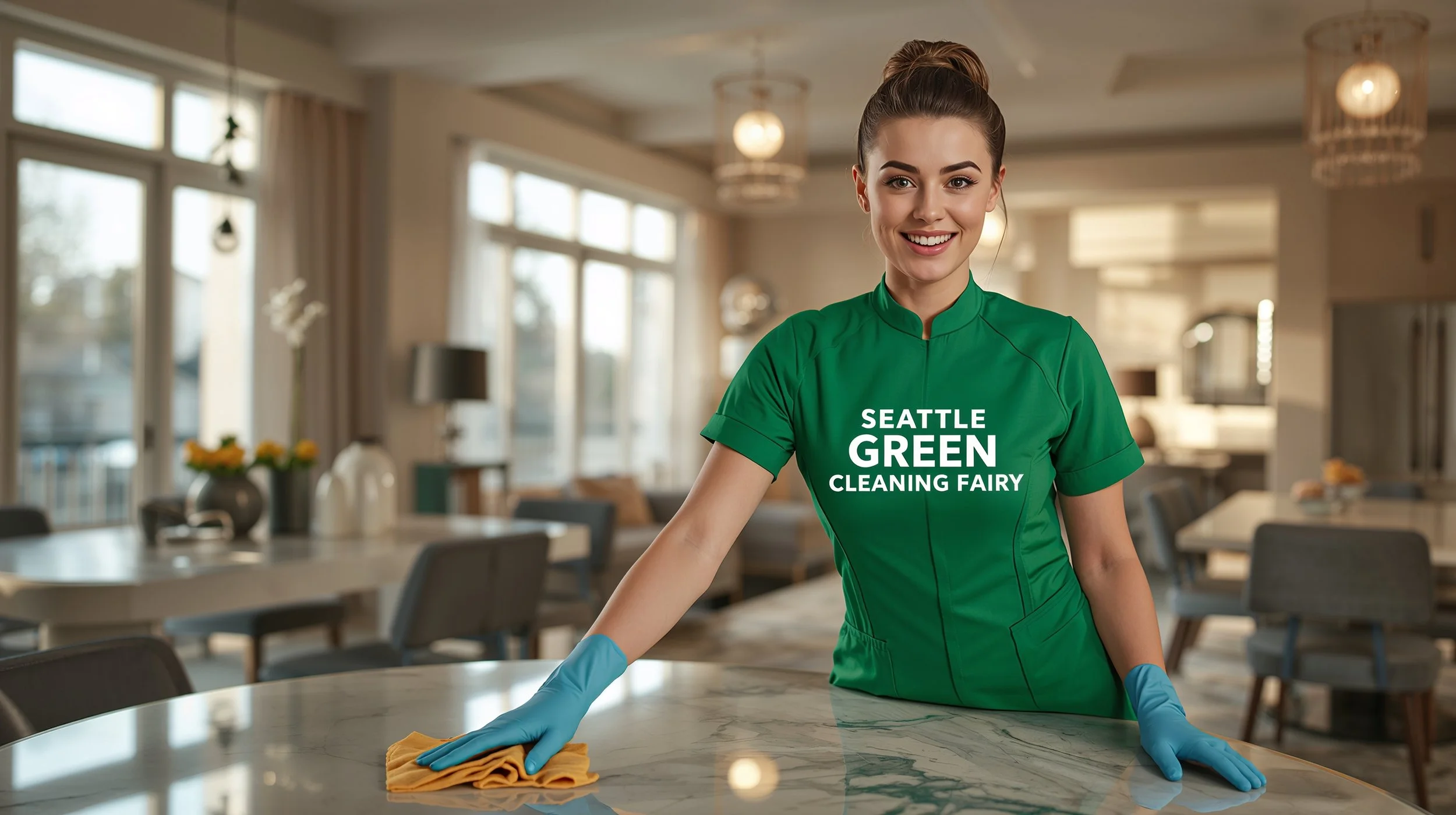 Seattle Green Cleaning Fairy wiping a dining table in a West Seattle home