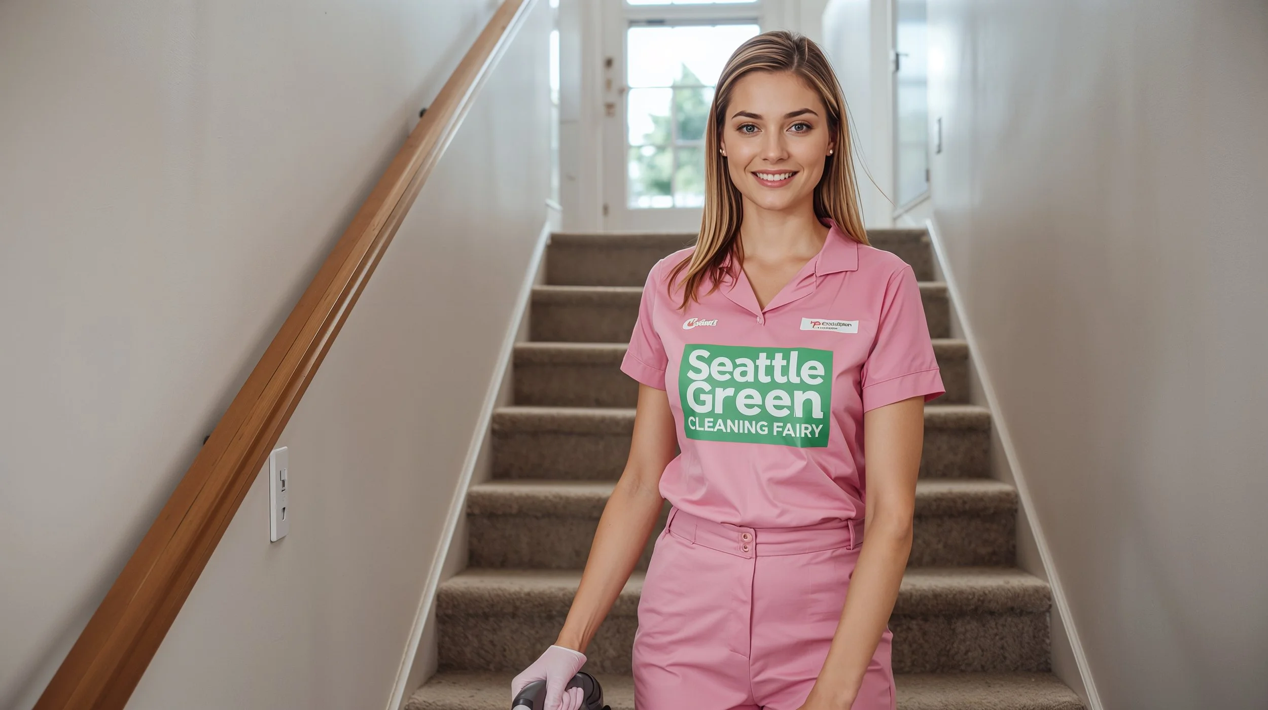 Young cleaner vacuuming stairs in Bonney Lake WA wearing pink Seattle Green Cleaning Fairy uniform