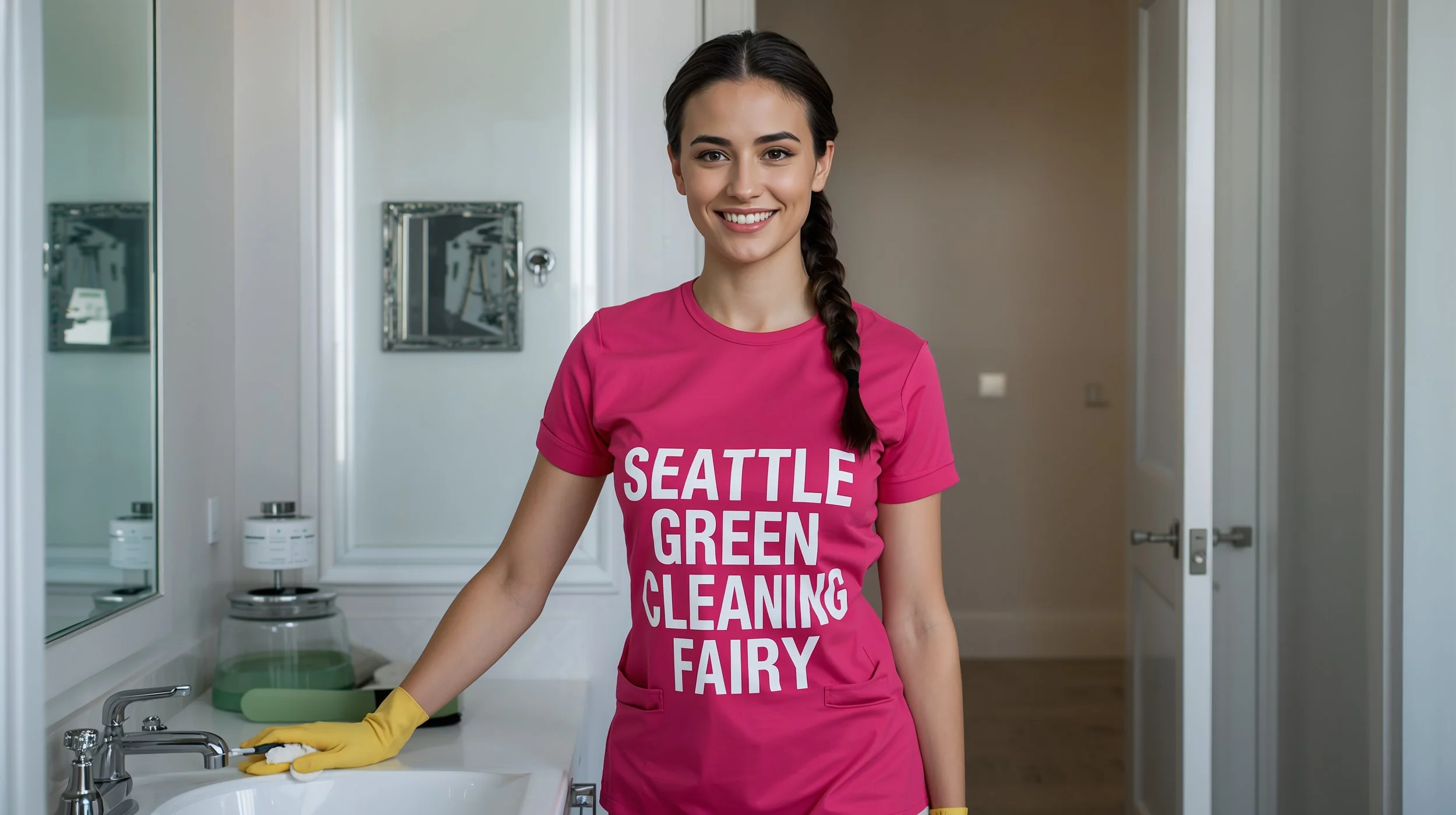 Graceful Hungarian cleaner polishing bathroom in pink Seattle Green Cleaning Fairy uniform Central District Seattle
