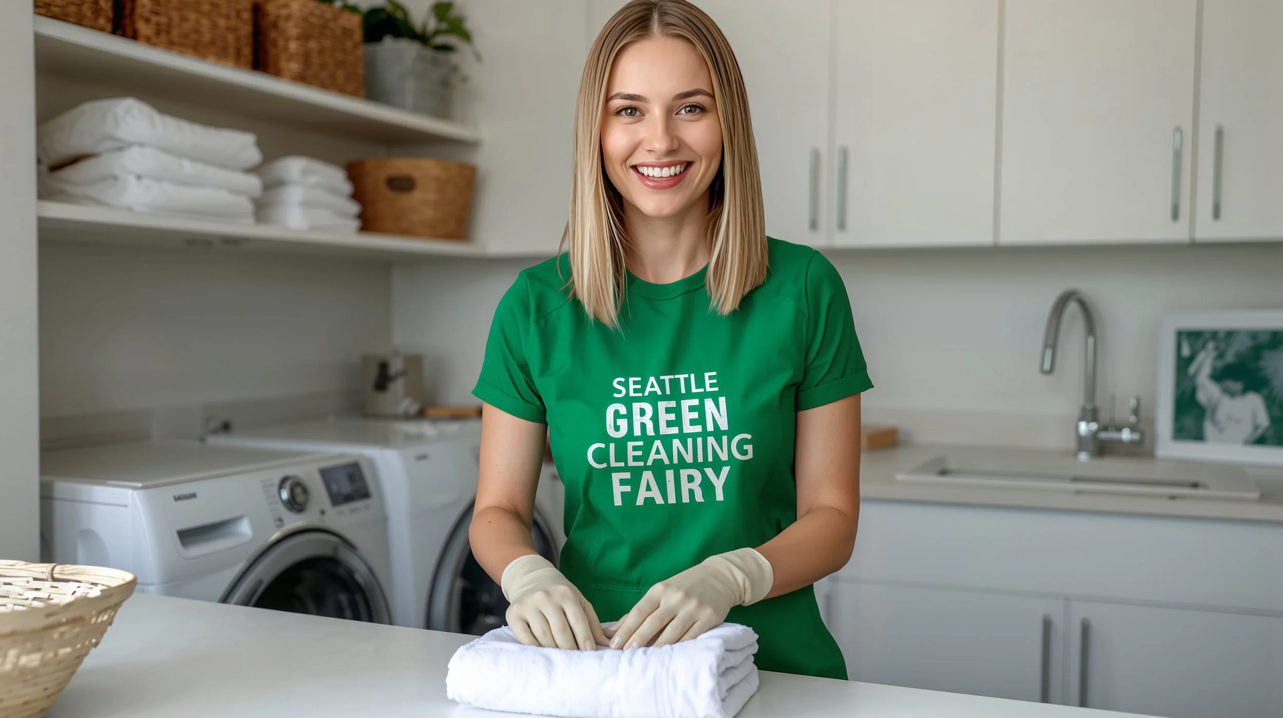 Seattle Green Cleaning Fairy folding towels in Mukilteo Washington laundry room