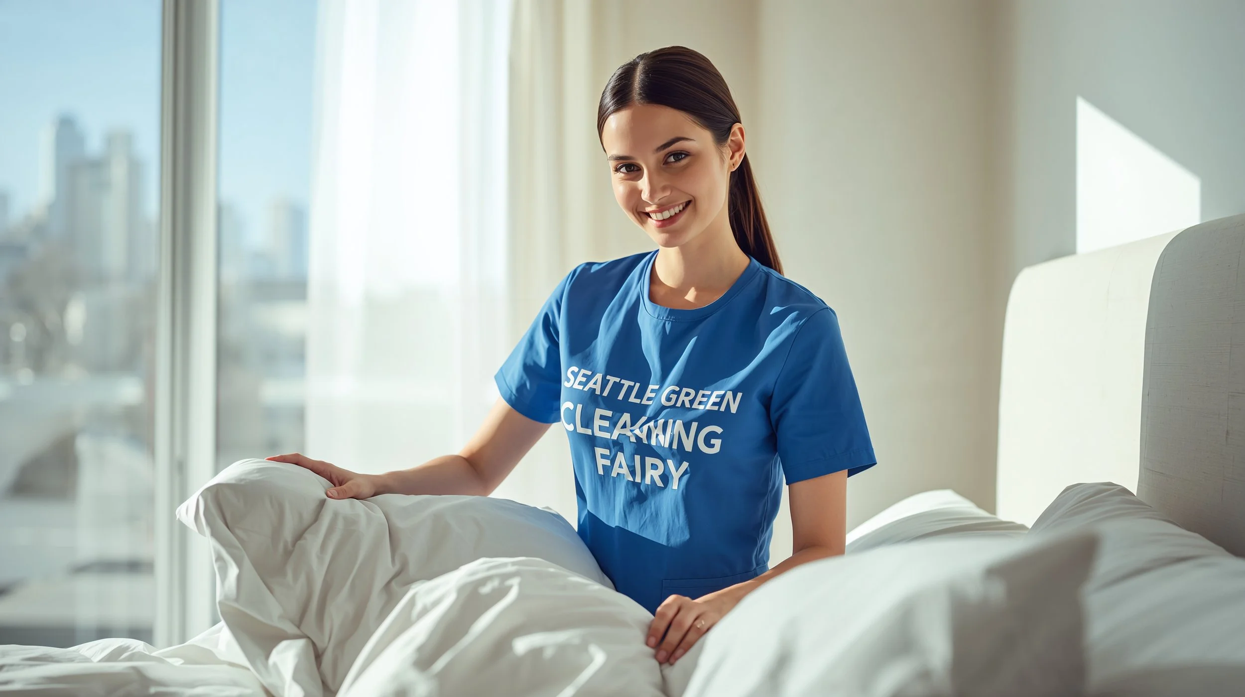 Seattle spring cleaning professional arranging fresh bedding in luxury bedroom