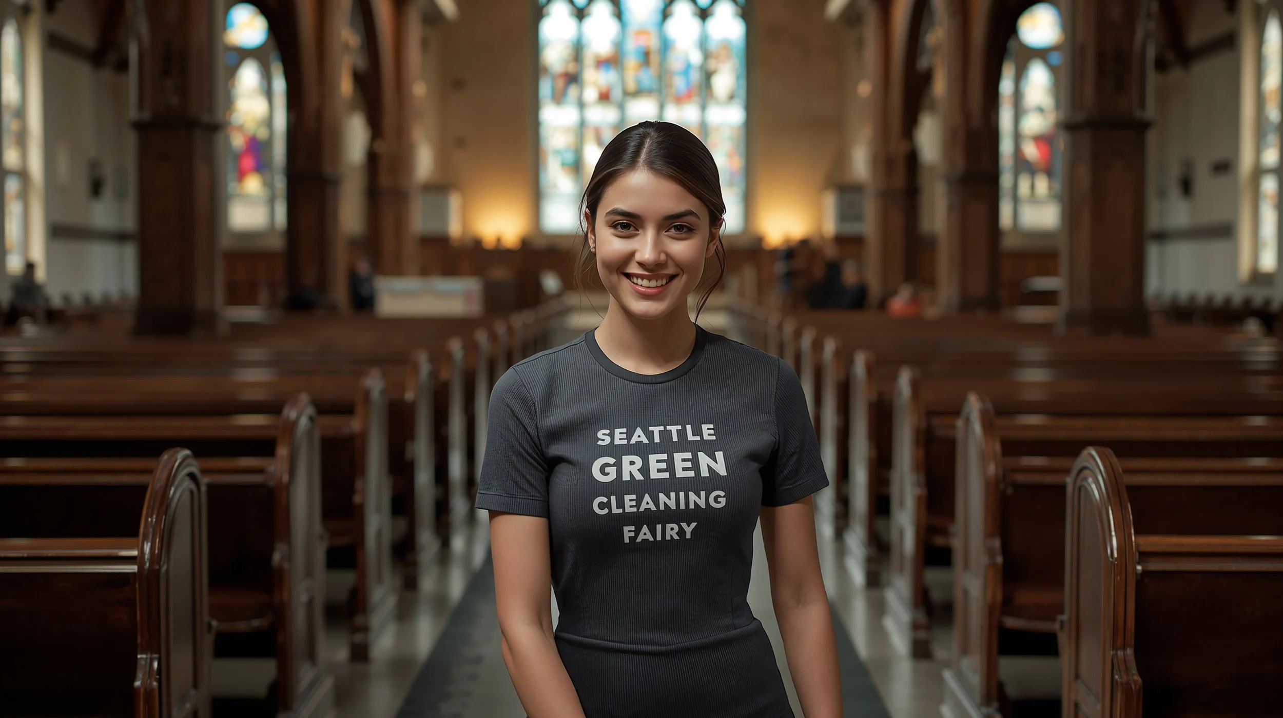 Professional church sanctuary floor cleaning service in Seattle with branded uniform visible