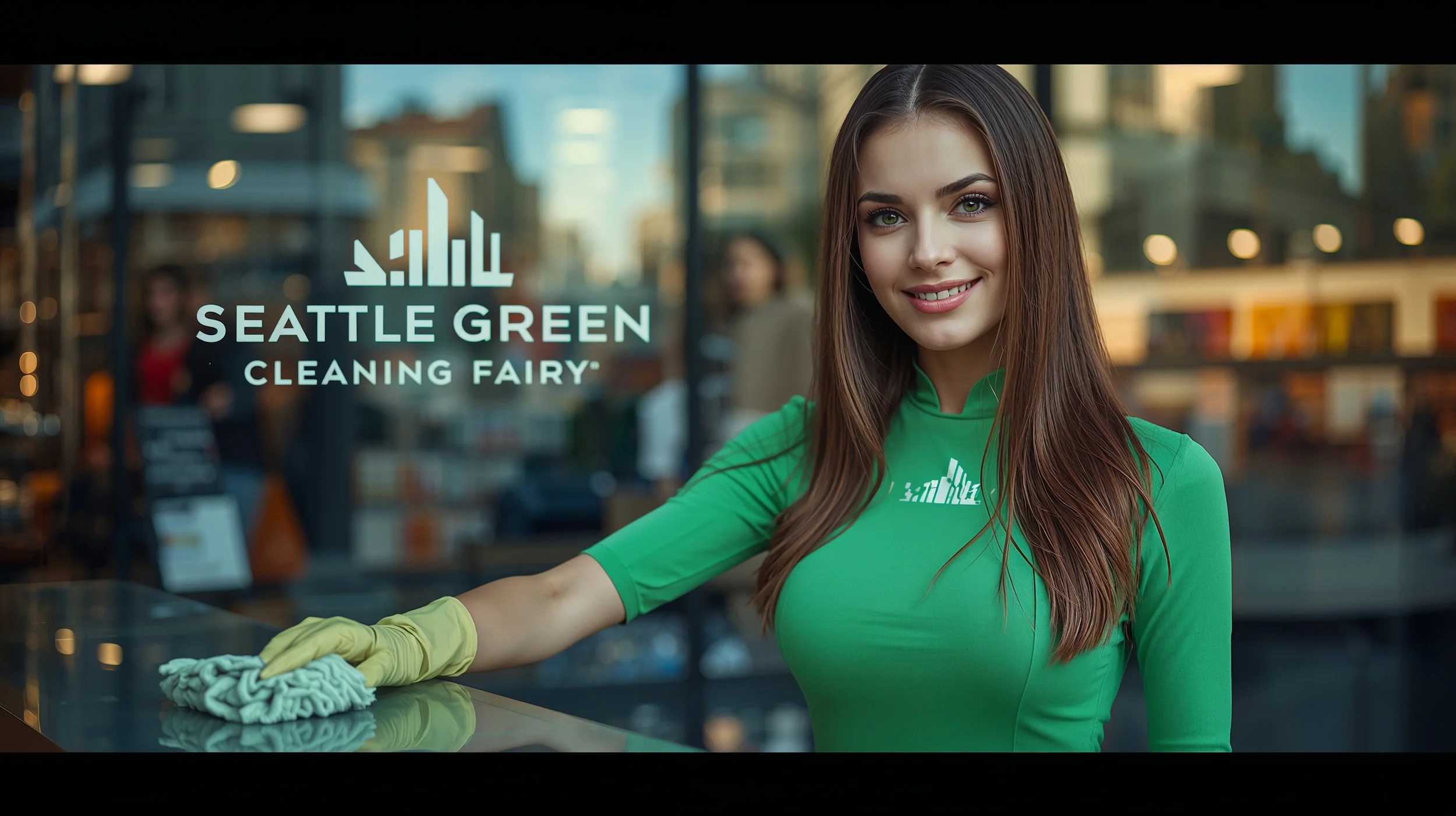 Professional cleaner disinfecting retail counter during Covid-19 cleaning in Seattle