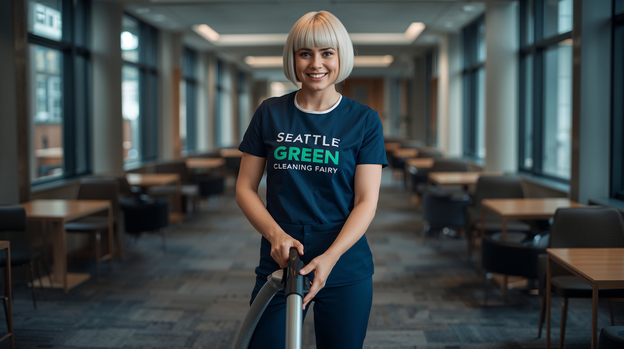 Cleaner vacuuming student lounge carpet at a Seattle university with professional branding visible.