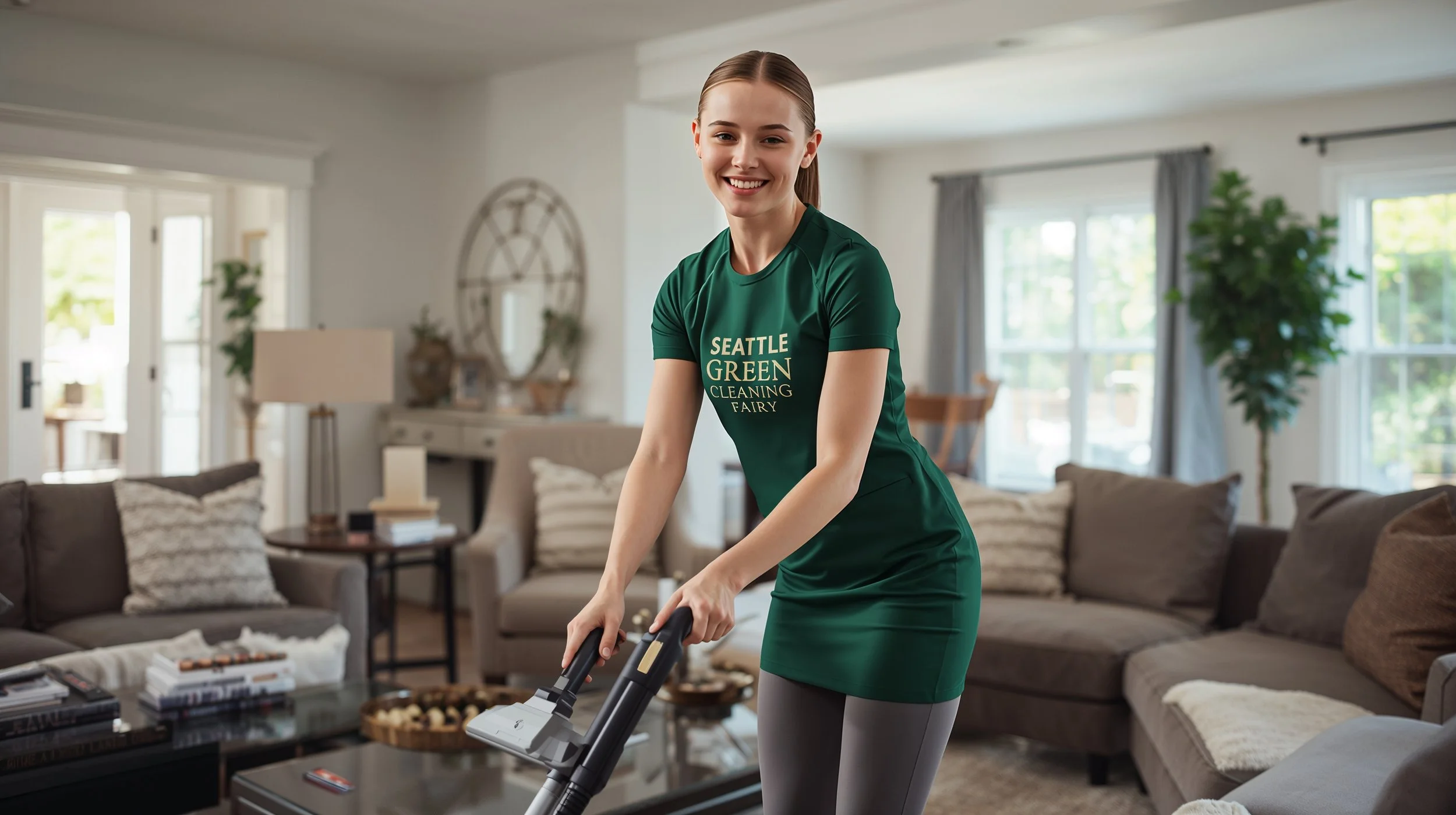 Crown Hill Seattle house cleaning service showing professional cleaner and spotless living room