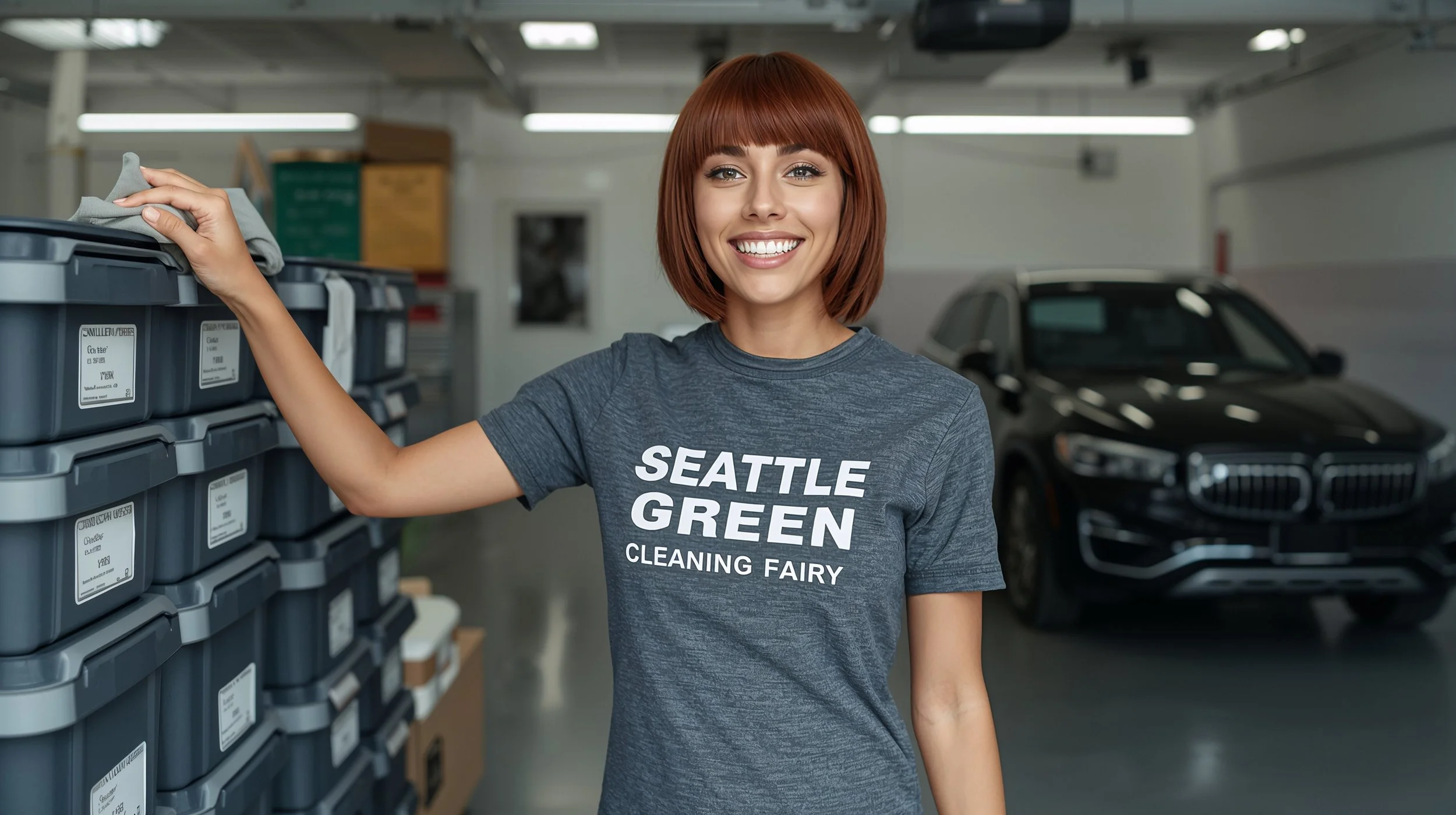 Cleaner presenting neatly organized storage bins inside a professionally cleaned Bellevue garage