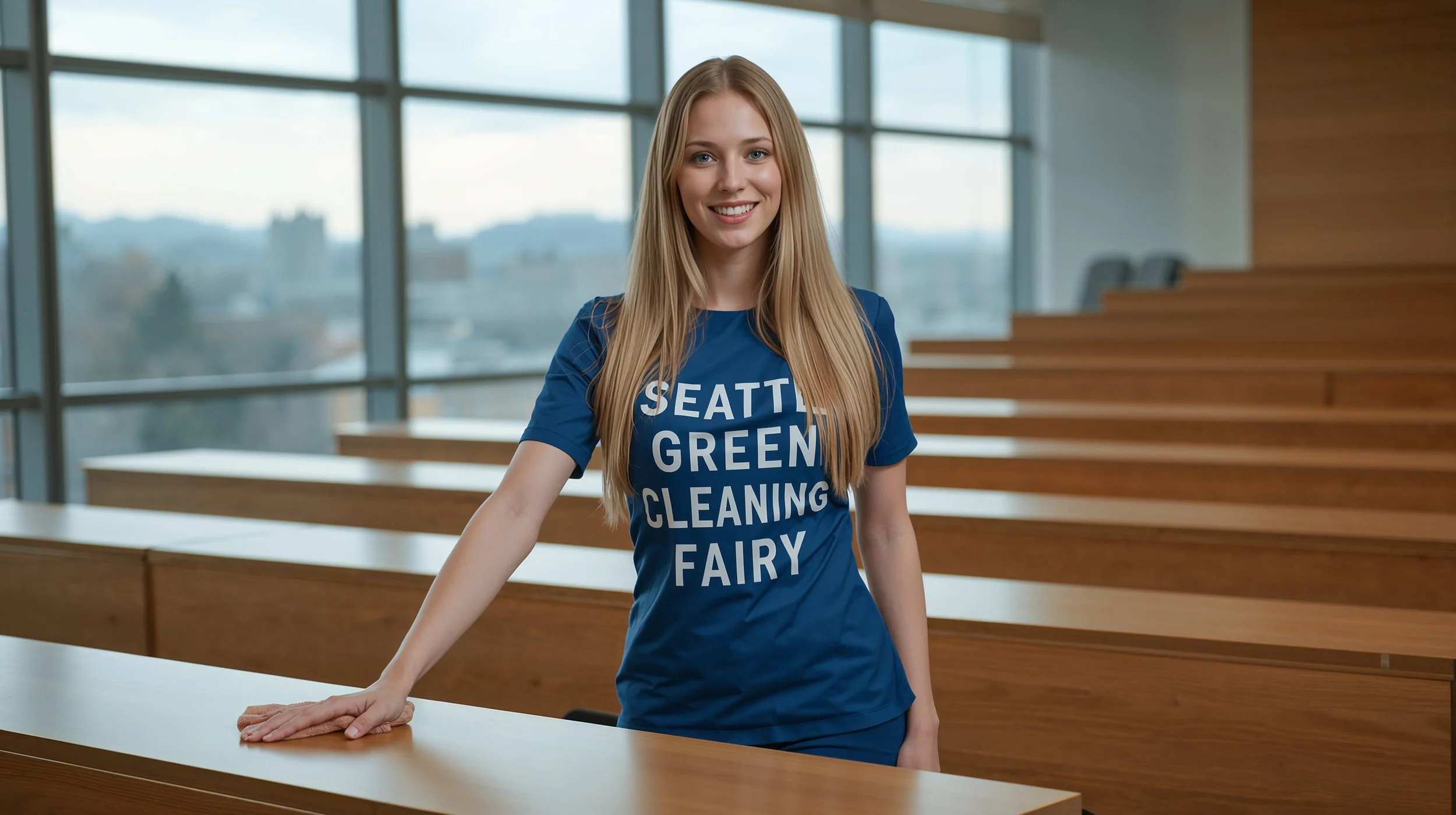 Professional cleaner in blue uniform sanitizing university lecture hall desks in Seattle with skyline visible.