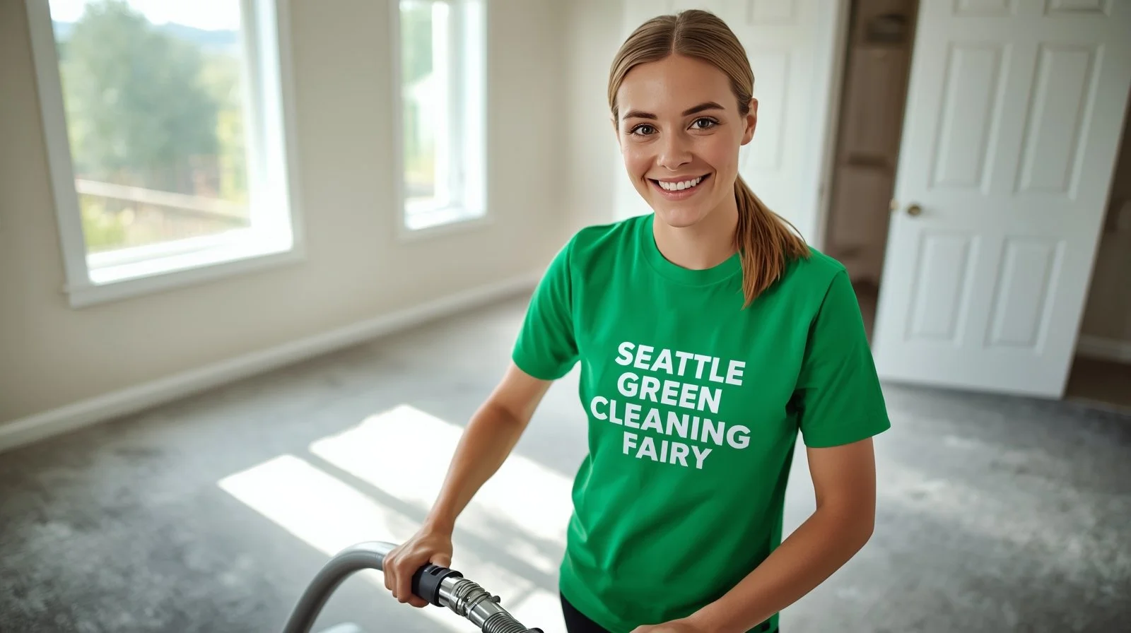 Seattle Green Cleaning Fairy vacuuming bedroom carpet in Tukwila Washington