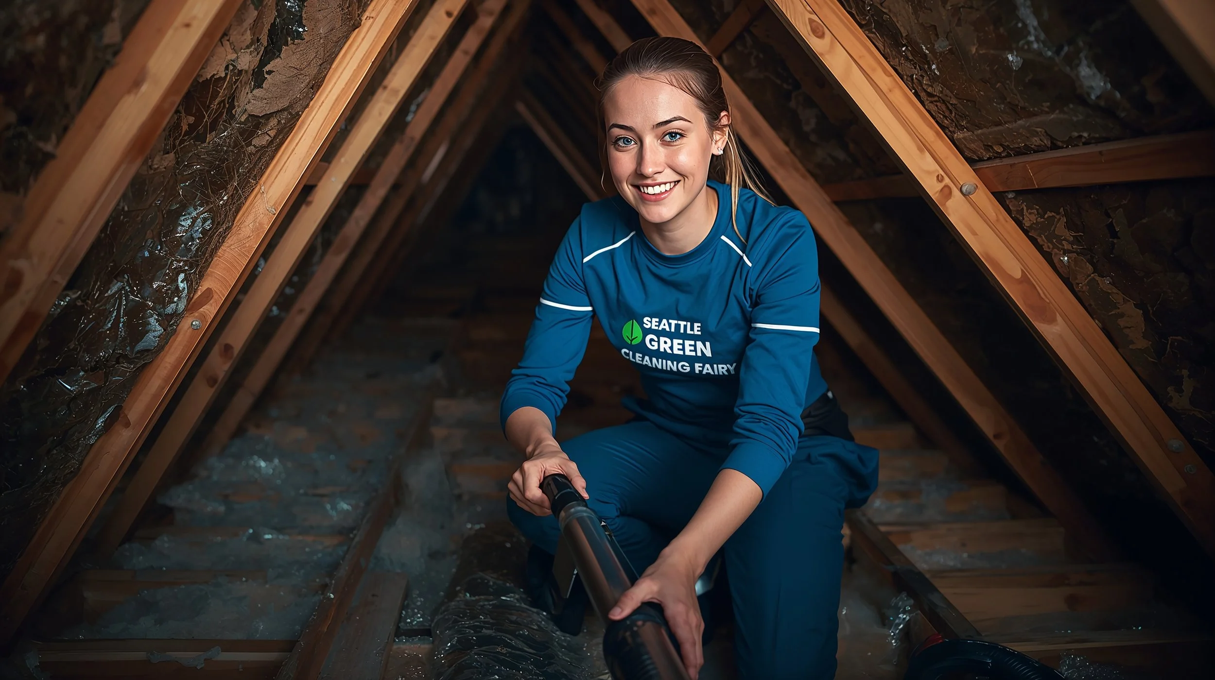 Detailed attic cleaning service in Seattle showing insulation debris removal by a professional technician.