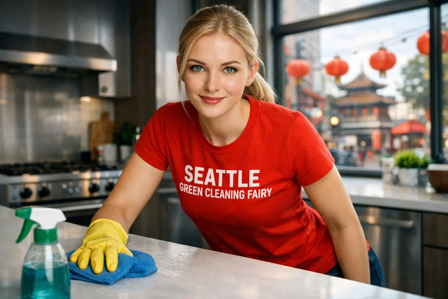 Seattle Green Cleaning Fairy cleaning a compact kitchen in Chinatown International District Seattle