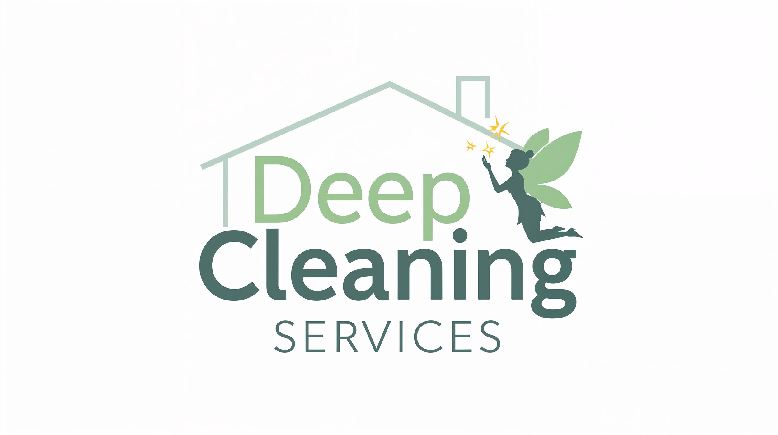 Deep Cleaning Services logo with modern text, house outline, and subtle fairy accent