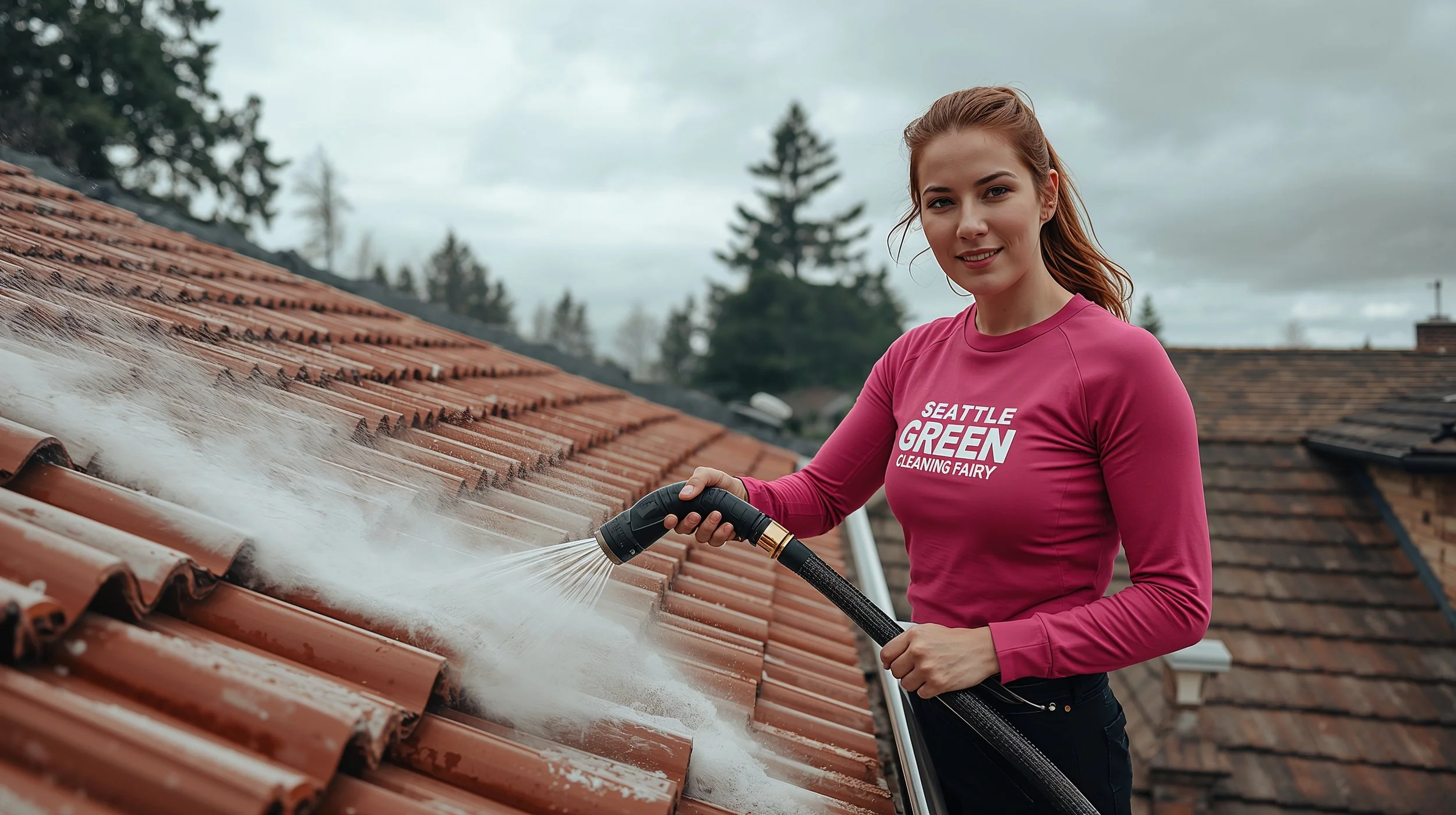 Young female cleaner kneeling beside freshly cleaned concrete roof tiles in Seattle