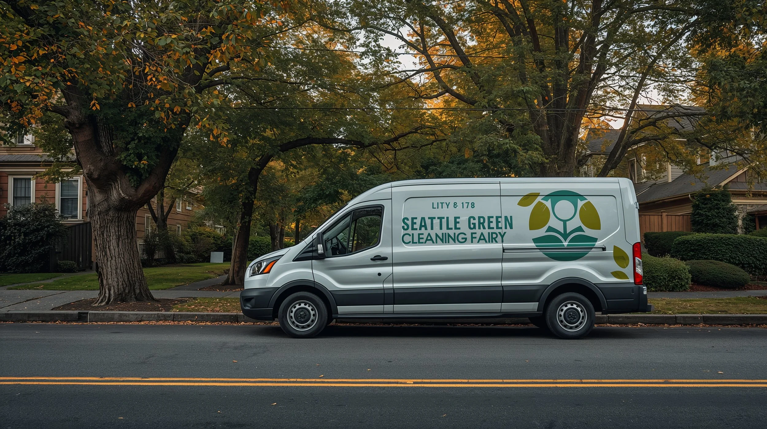 Seattle Green Cleaning Fairy van on tree-lined Wallingford street near Playfield